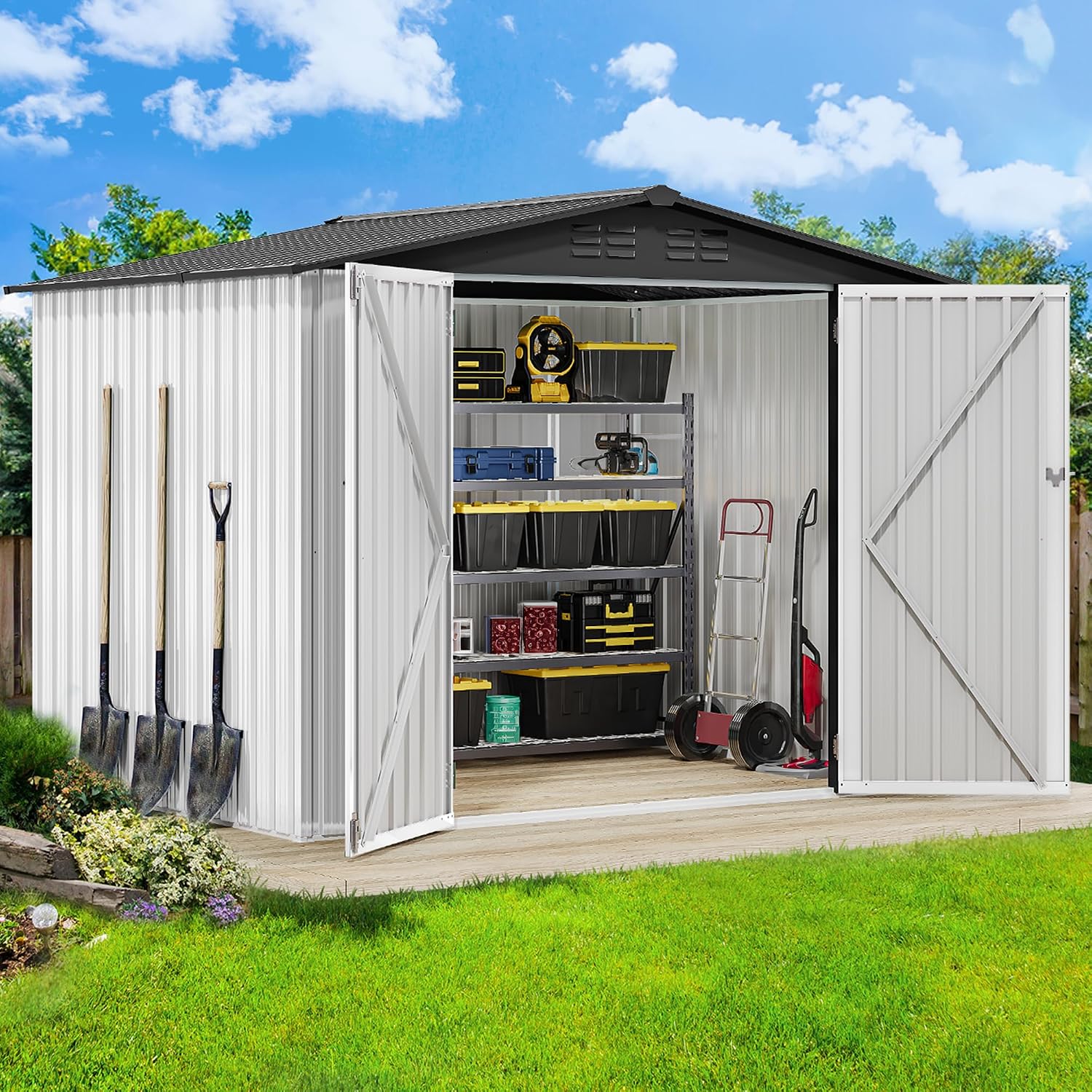 DWVO 7x5ft Metal Outdoor Storage Shed, Waterproof Tool Shed Heavy-Duty Storage Unit with Lockable Door and Vents, Ideal for Bicycles, Tools, Lawnmowers, Backyards, Patios, Lawns - White