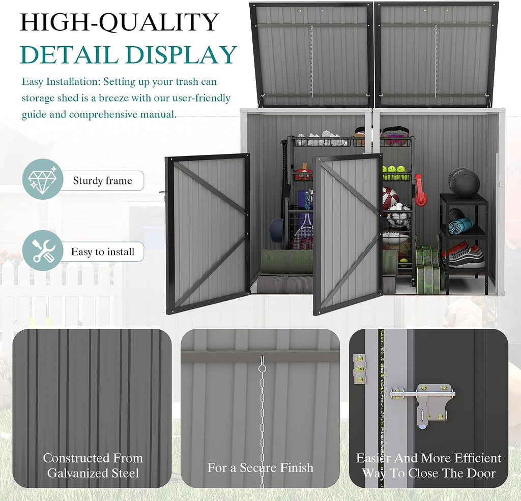 Garbage Bin Shed Stores 2 Trash Cans Metal Outdoor Bin Shed for Garbage Storage,54 Cubic feet of Space,Stainless Galvanized Steel, Bin Shed for Garden Yard Lawn,Grey