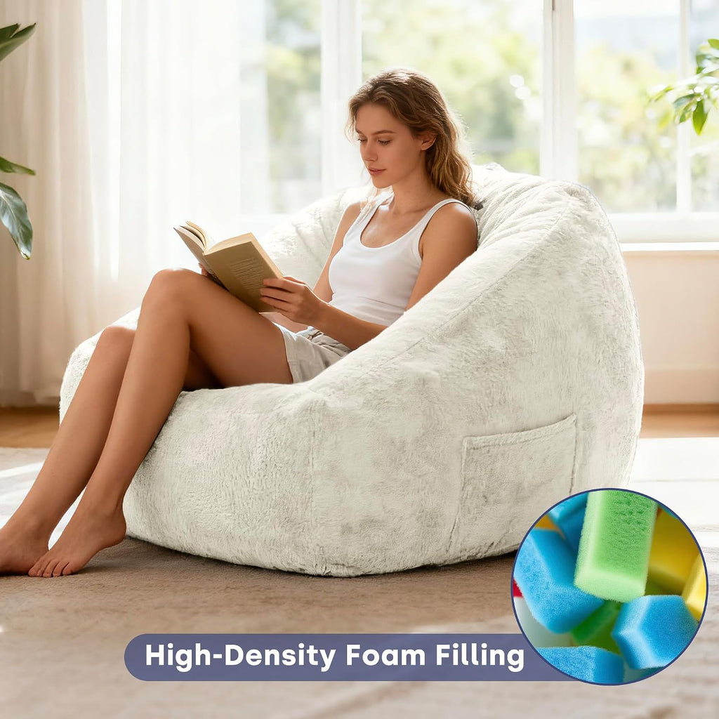 SUNBURY 47.2' L-Shaped Bean Bag Chair with Arms, Memory Foam Filled Lazy Sofa with Portable Handle & Side Pocket, Plush Floor Chair for Adults, Living Room, Bedroom, Reading Corner (Cream White)
