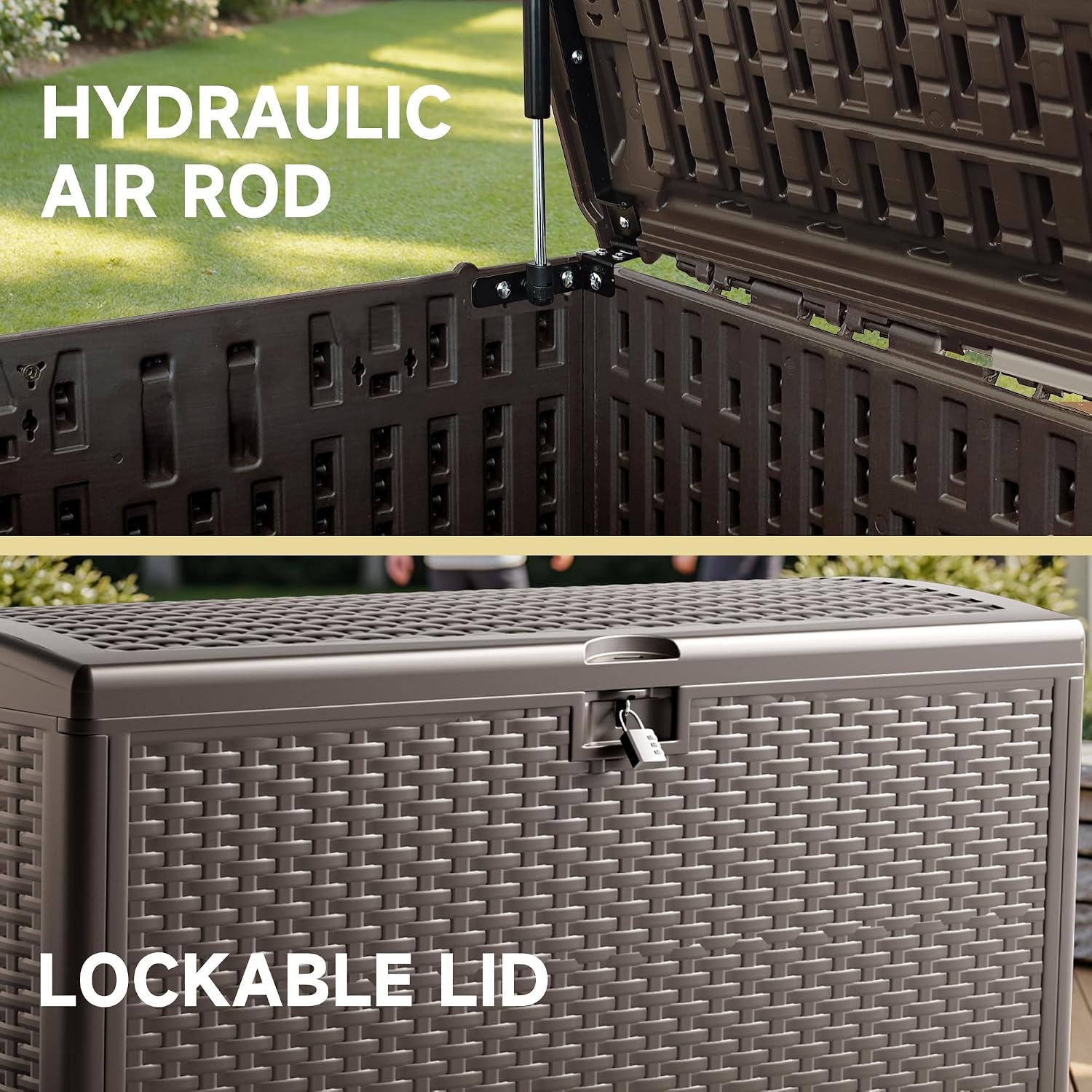 150-Gallon Large Deck Box – Features Lockable, UV-Resistant & Waterproof Double-Layer Resin Construction for All-Weather Outdoor Storage (Brown)
