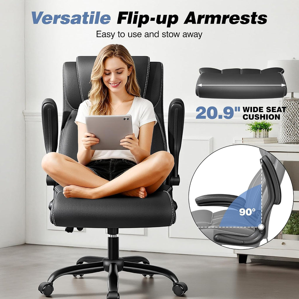 BESTFAIR Ergonomic Office Chair - Desk Computer Chair, Leather High Back Executive Chairs with Adjustable Lumbar Support & Flip Up Arms, Black 2 Pack