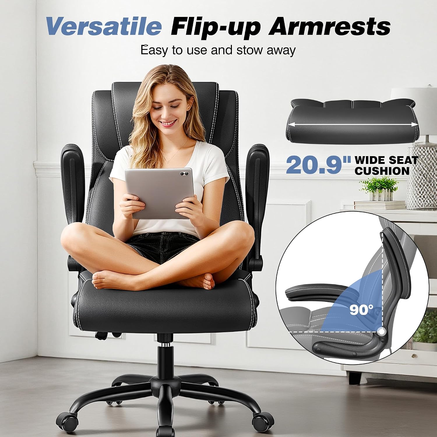 BESTFAIR Ergonomic Office Chair - Desk Computer Chair, Leather High Back Executive Chairs with Adjustable Lumbar Support & Flip Up Arms, Black 4 Pack