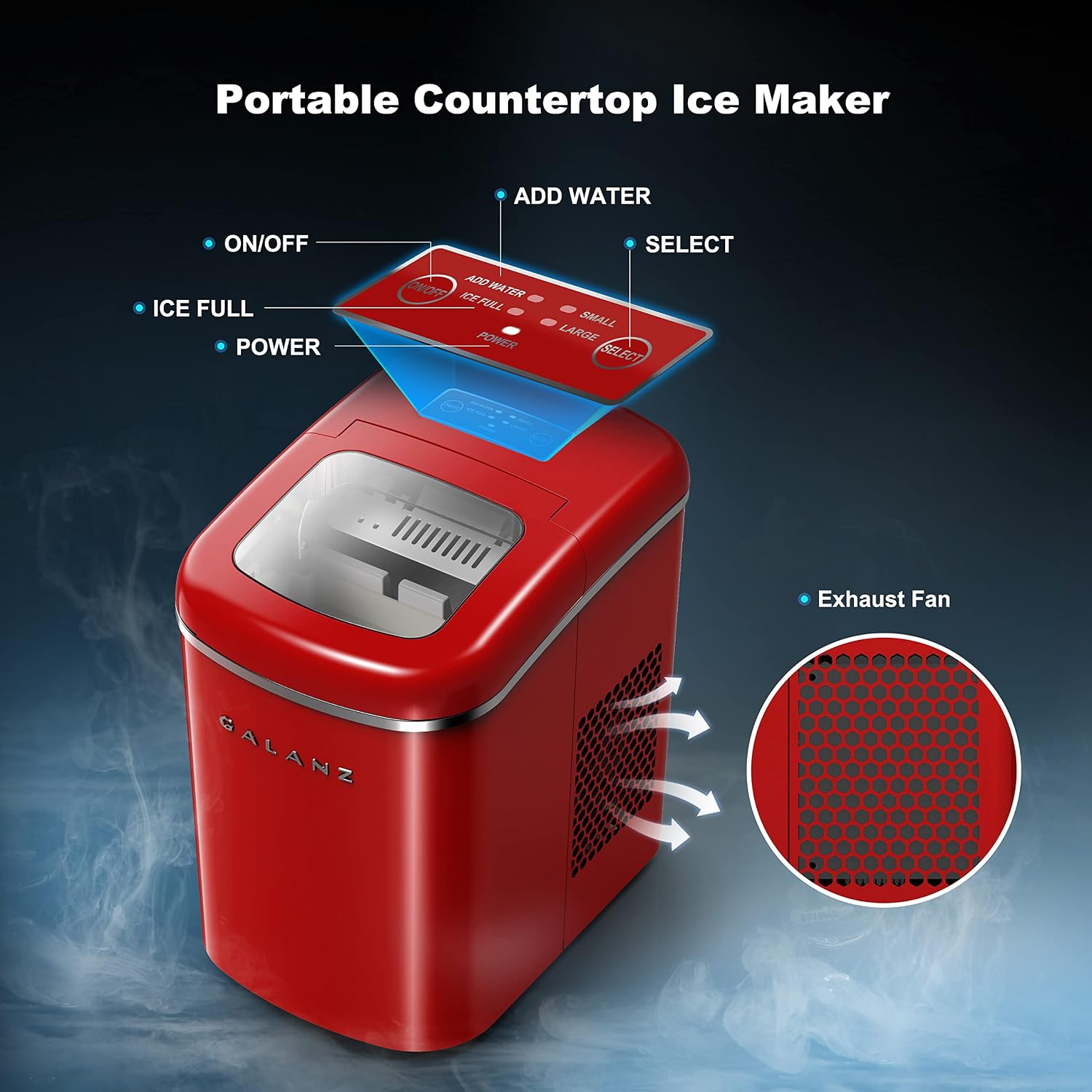 Galanz Portable Countertop Electric Ice Maker Machine, 26 lbs in 24 Hours, 9 Bullet Shaped Cubes Ready in 9 Minutes, 2 Ice Sizes, Perfect for Parties & Home Bar, 2.1 L, Retro Red