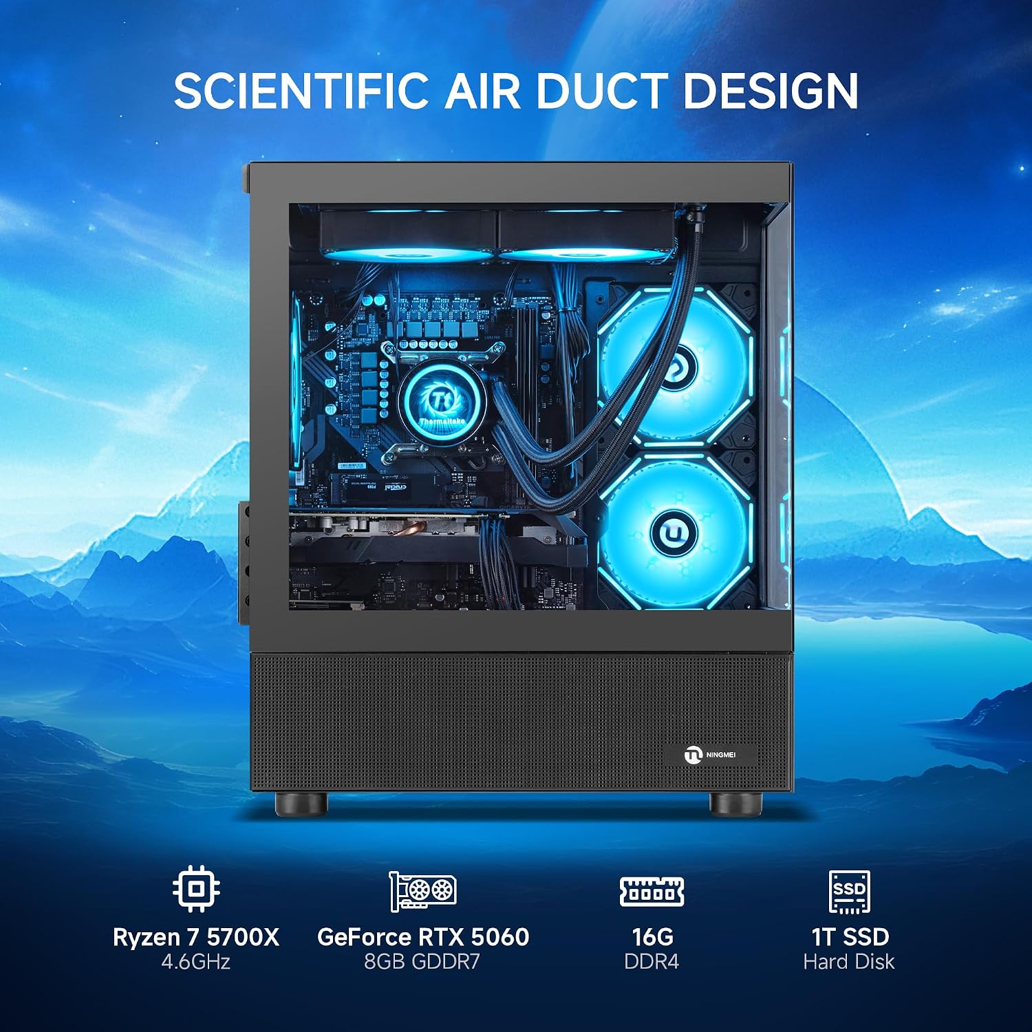 NINGMEI Supreme Master Gaming PC Desktop,AMD Ryzen 7 5700X 8 core 3.4GHz(up to 4.6GHz),GeForce RTX 5060 8GB,16GB DDR4 RAM 3200MHz,1TB NVME SSD,600W PSU,Windows 11 Home 64-bit,Black