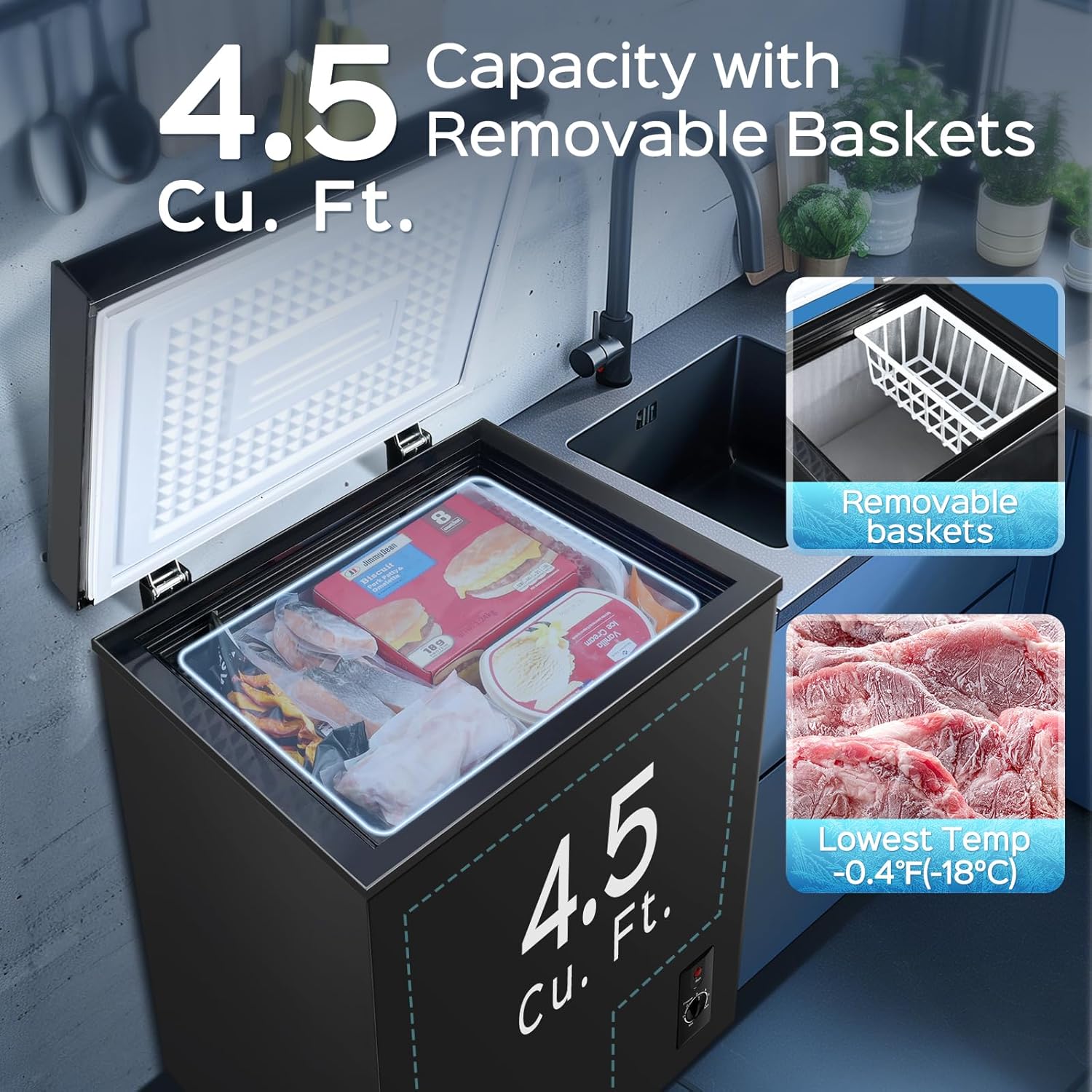 Anypro Chest Freezer 4.5 Cu.Ft, FreeStanding Top Door Compact Small Deep Mini Freezer with Removable Basket, 7 Adjustable Temperatures for Garage Dorm Apartment RV Kitchen Business, Black