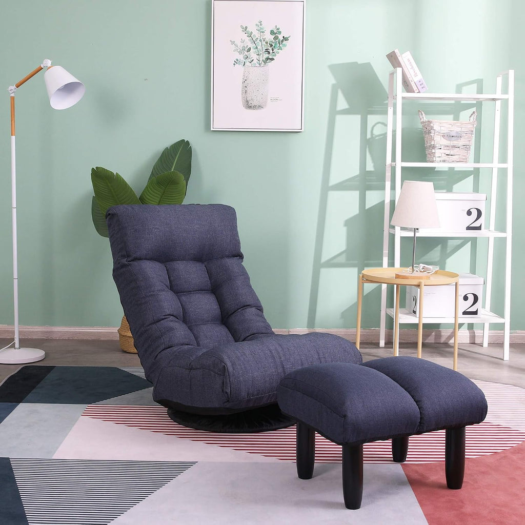 360° Swivel Floor Gaming Chair, Floor Chair, 14 Adjustable Head Segments 3 Waist Segments, Ergonomic Recliner for Gaming Reading Living Room, Includes Footrests (Navy)