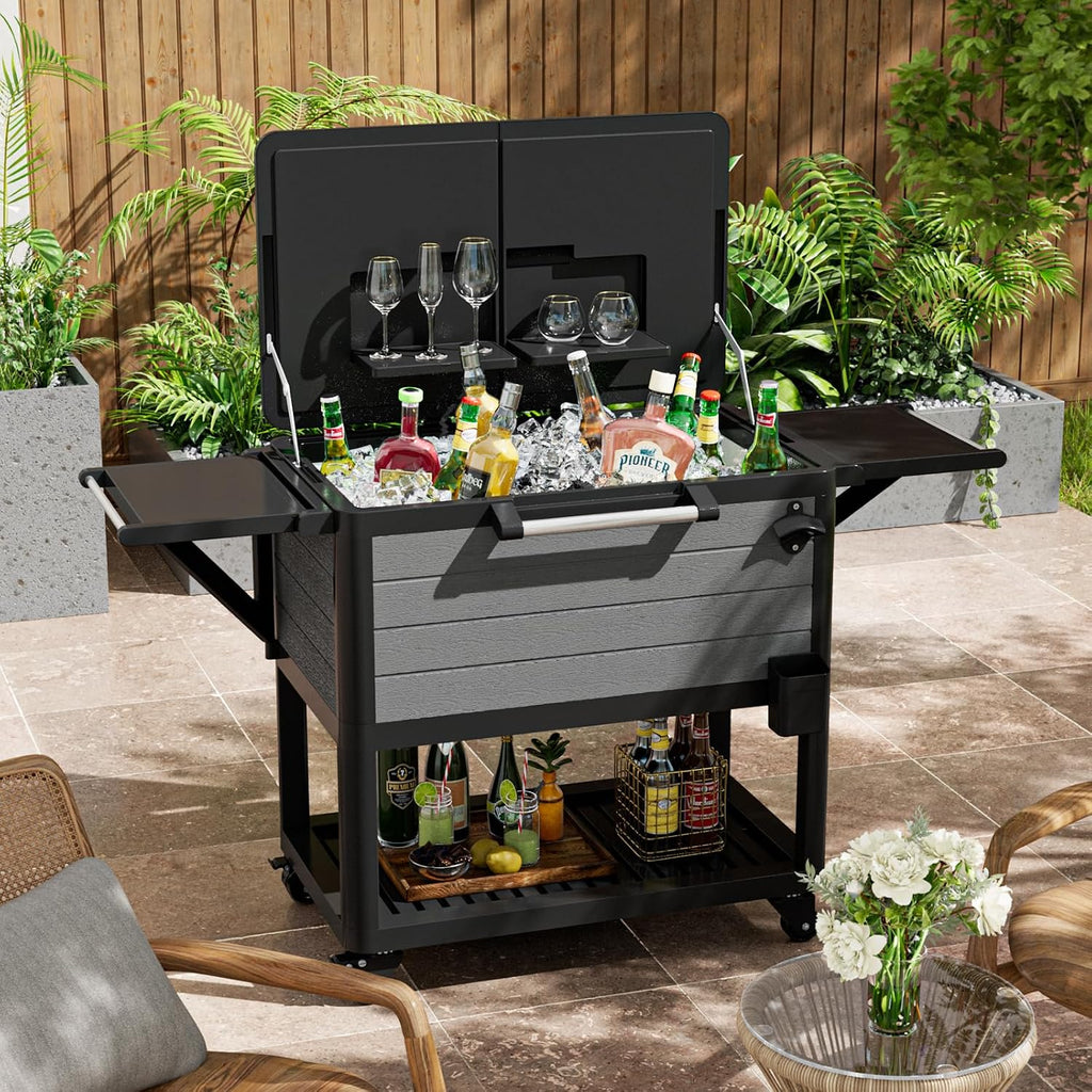 104 Quart Patio Rolling Ice Chest Large Cooler Cart with Wheels, Portable Mobile Outdoor Coolers Bar Cart with Storage Shelf & Bottle Opener for Drinks, Party, Camping, Backyard, Deck, BBQ