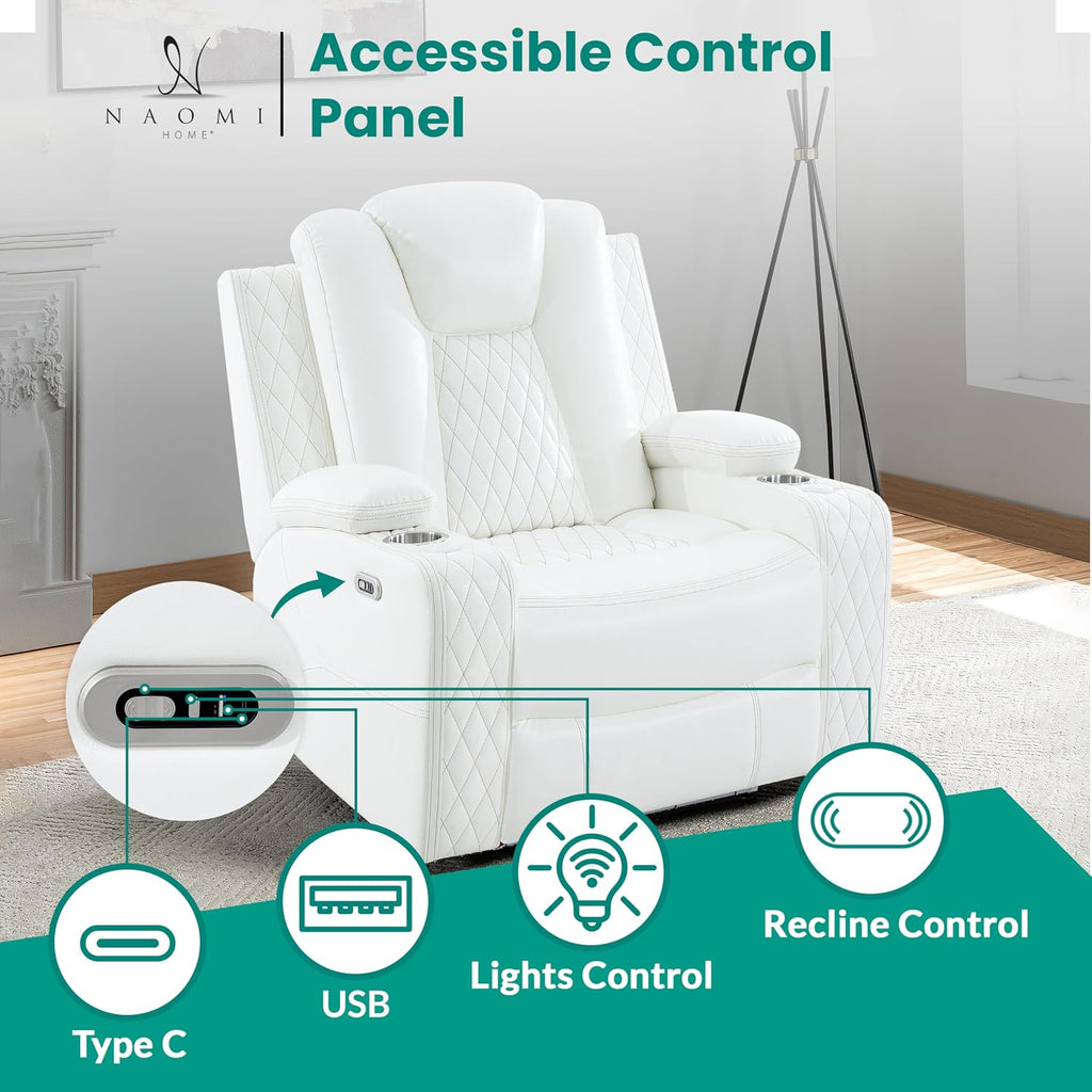 Naomi Home Chicago Power Recliner Chair with LED Lights, USB Charging Port, Adjustable Headrest, Cup Holders & Detachable Tray Tables, Faux Leather Home Theater Seating Recliner - White