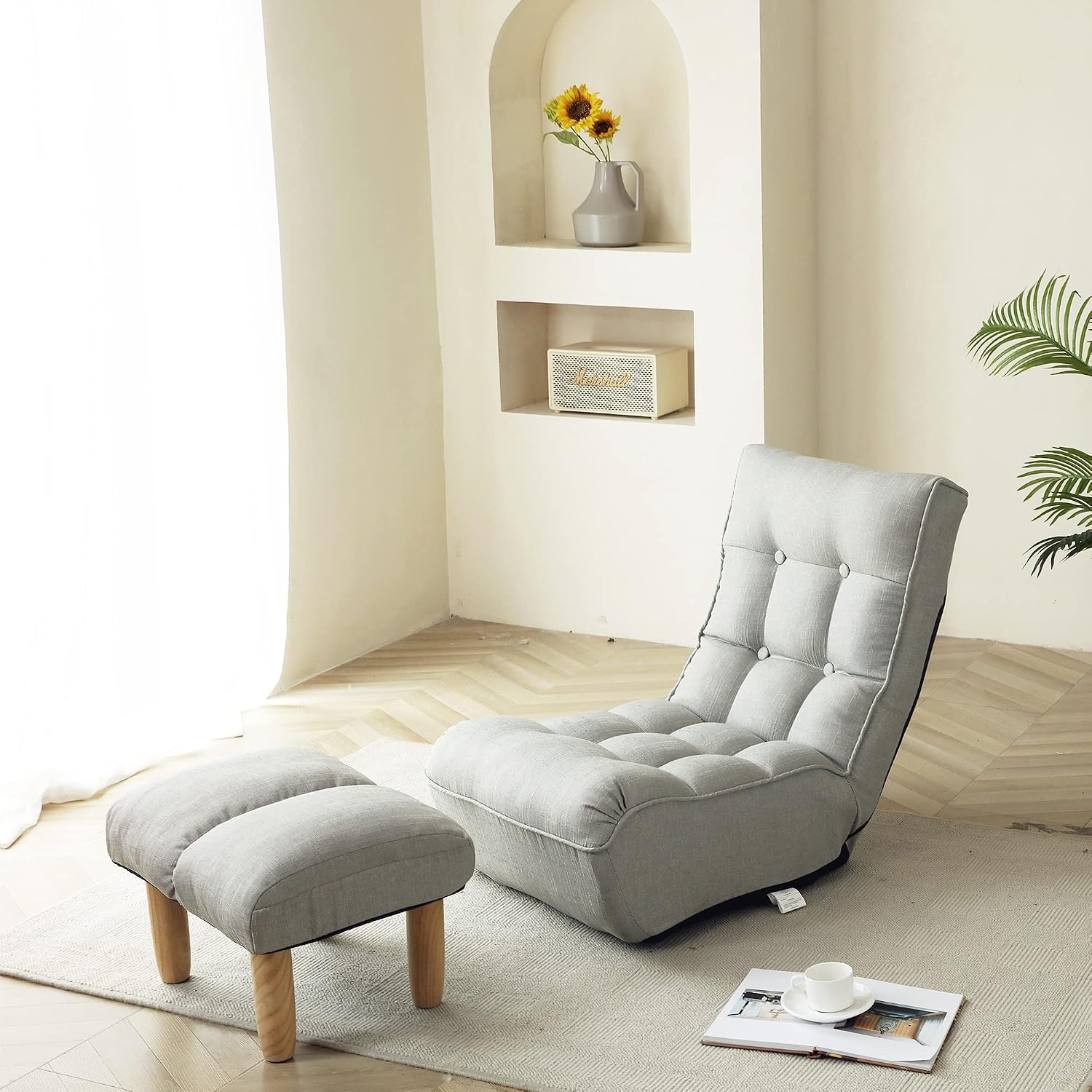 360° Swivel Floor Gaming Chair, Floor Chair, 14 Adjustable Head Segments 3 Waist Segments, Ergonomic Recliner for Gaming Reading Living Room, Includes Footrests (Cement Grey)