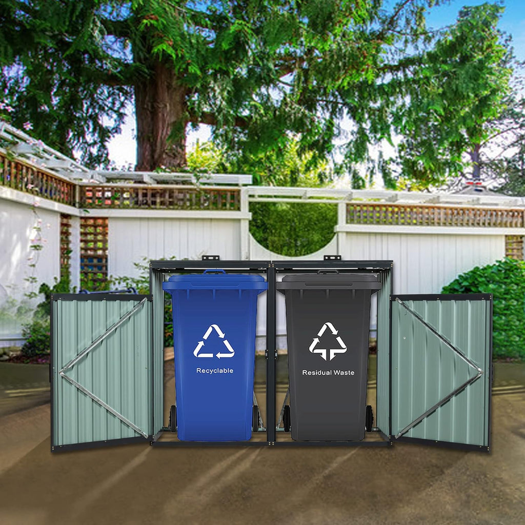 【LuckyNote】 Garbage Bin Shed Stores 2 Trash Cans Metal Outdoor Bin Shed for Garbage Storage,Stainless Galvanized Steel, Bin for Garden Yard Lawn