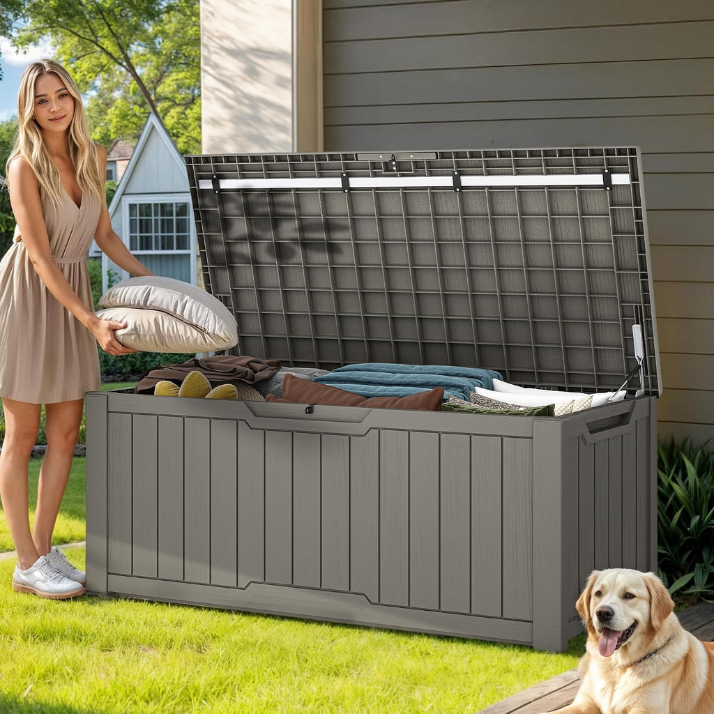GOOBED 120-Gallon Deck Box, Waterproof Outdoor Storage Chest for Garden Tools, Pool Supplies, and Sports Gear, Lockable Lid, Multi-Purpose Bench or Table, Easy Assembly (Taupe