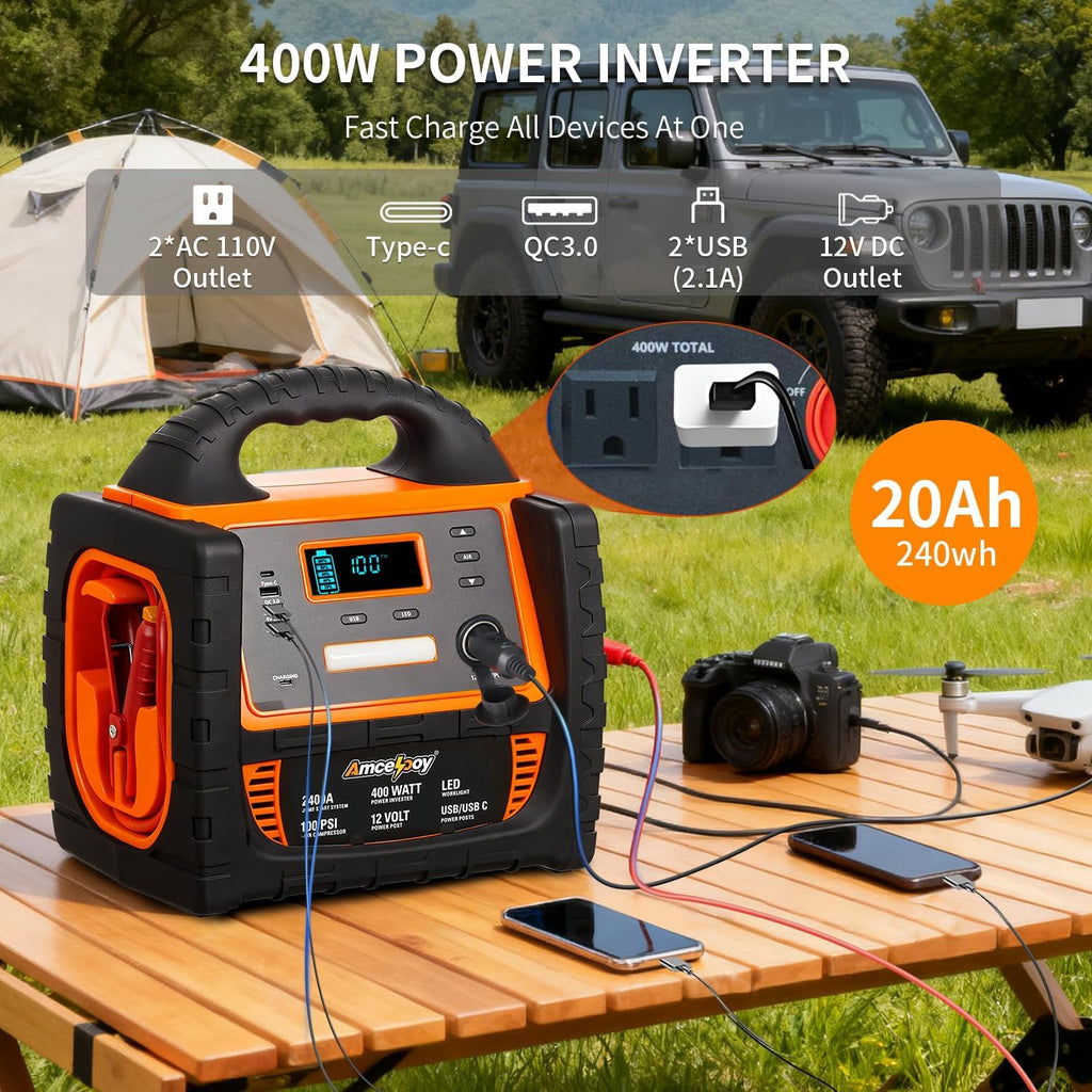 2400A Car Battery Jump Starter and Portable Power Station – Starts 8.0L Gas & 8.0L Diesel – 6-in-1 Jump Starter with Air Compressor 100 PSI Tire Inflator – 400 Watt Inverter AC/DC/USB Outlets