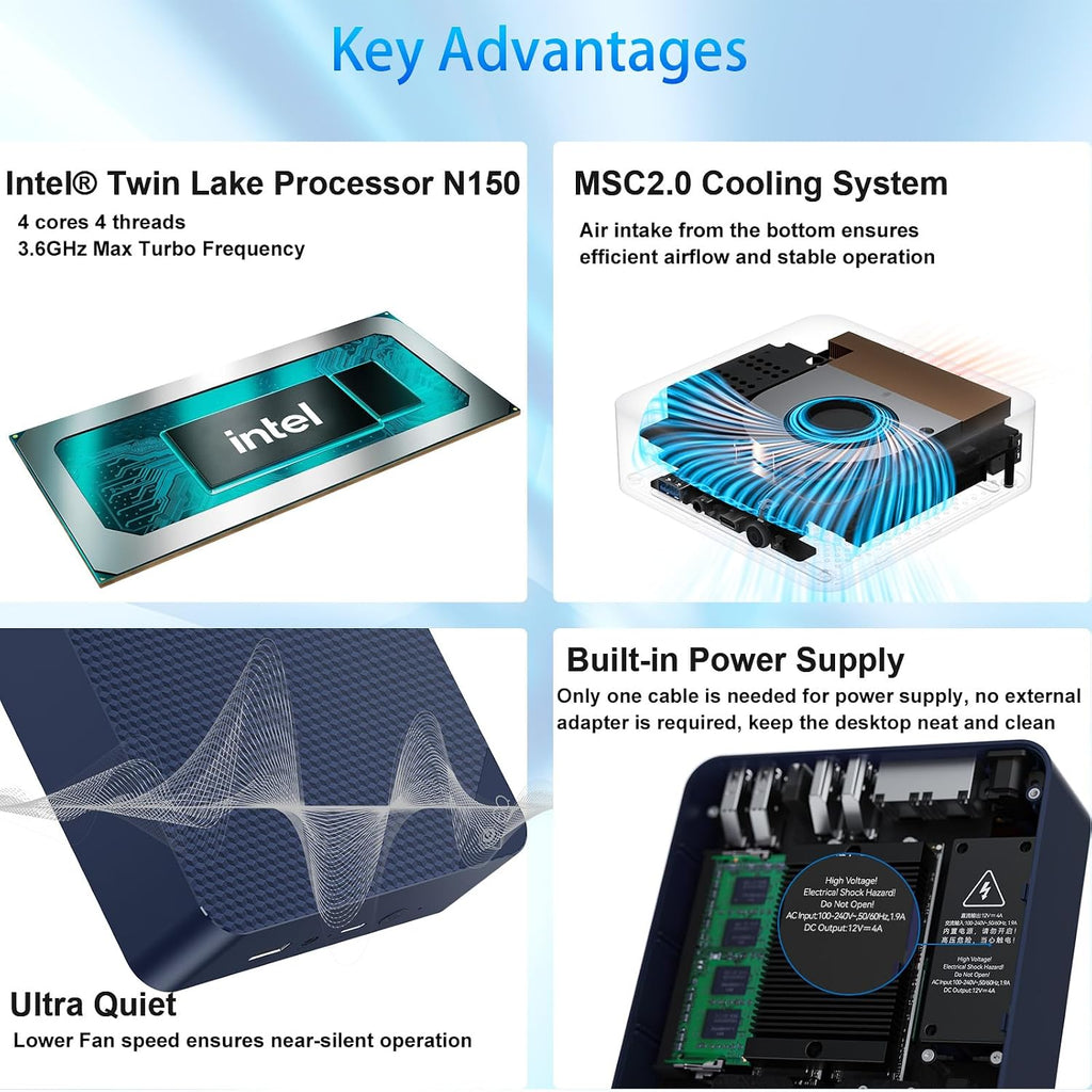Beelink EQ14 Mini PC, Intel 13th Twin Lake-N150 (up to 3.6GHz, Upgraded N100), 16GB DDR4 RAM 500GB M.2 SSD, Dual LAN Mini Desktop Computer Support 4K@60Hz Dual Display/WiFi 6/BT 5.2 for Home/Office