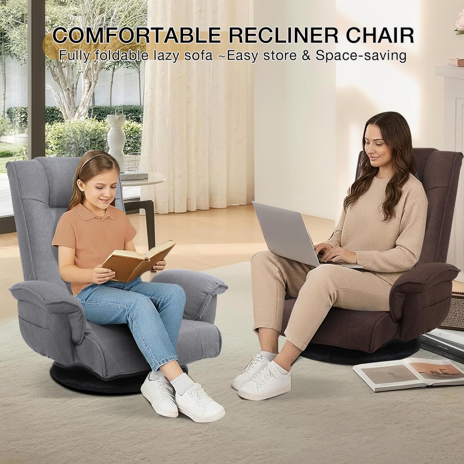 Linen Fabric Ergonomic Gaming Chair, 6-Position Reclining Sofa Bed with Lumbar Support, Foldable Floor Lounger with Thick Cushion, Armrests & Side Pockets for Esports, Reading, Napping (Brown)