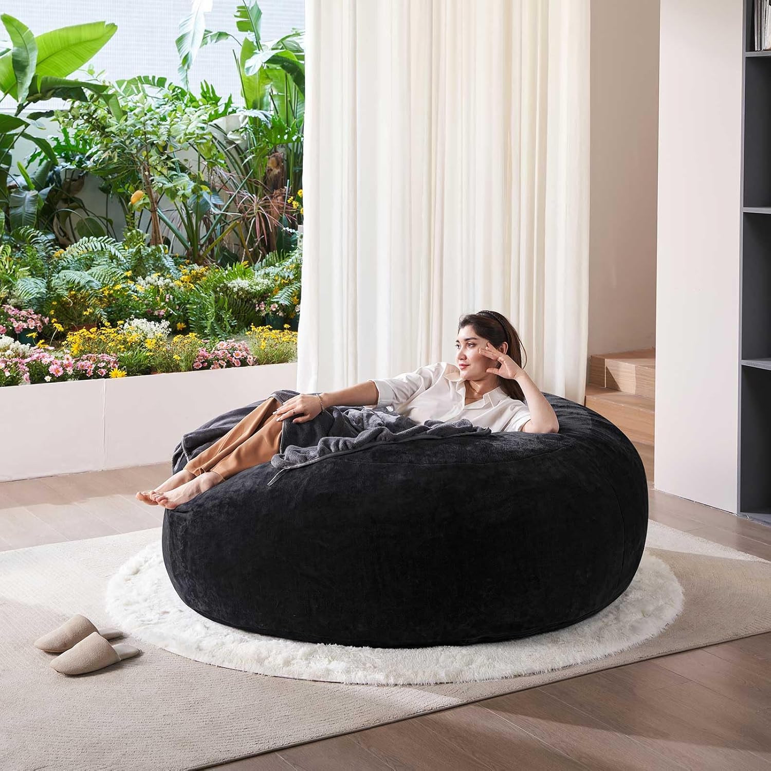 SANAE Oversized 5FT Memory Foam Bean Bag Chair for Adults - Black Corduroy Fabric with Filling, Comfy Gaming & Movie Beanbag Sofa Floor Couch, Large Lounger for Living Room/Dorm/Classroom/Bedroom