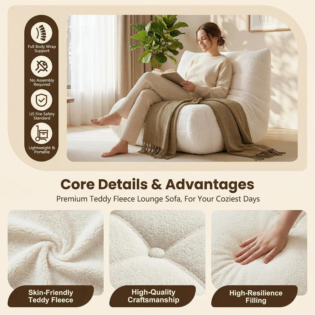 Gazecaia Comfy Bean Bag Chair for Adults Teens | Fireside Floor Lounge Chair, Soft Teddy High-Resilience Memory Foam Bean Bag Couch with Non-Slip Base, for Living Room Bedroom Apartment Office, Beige