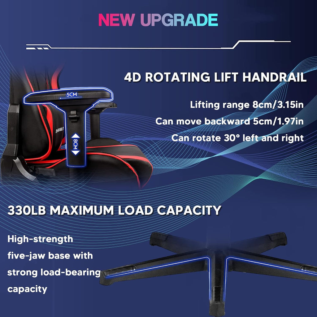 Big and Tall Gaming Chair with Speakers and LED Lights Ergonomic PC Gaming Chair with 7-Point Massage Comfortable Footrest Headrest and Lumbar Support High Back Desk Chair PU Leather,Black