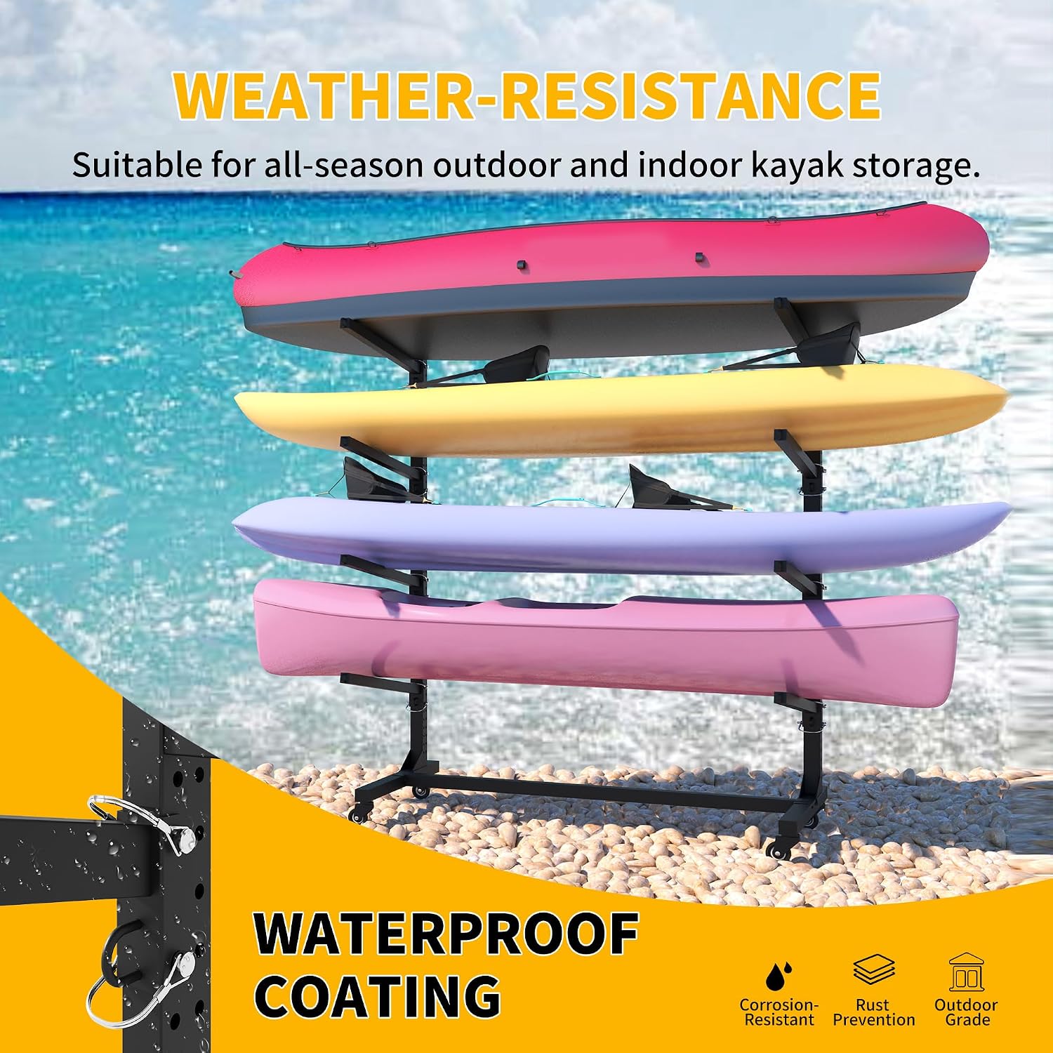 Freestanding Kayak Storage Rack, Heavy Duty Metal Kayak Stand with Lockable Wheels, Adjustable Kayak Holders for Canoes, SUP, Sled, Paddle Board & Surfboard, Garage, Indoor & Outdoor Use