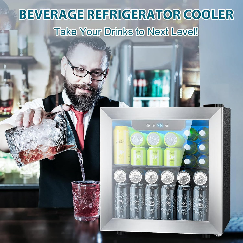 Electactic 48 Can Beverage Refrigerator,12 Bottle Wine Cooler with Stainless Steel Glass Door, Digital Temperature Display, Countertop Mini Fridge for Soda, Wine or Beer, Silver