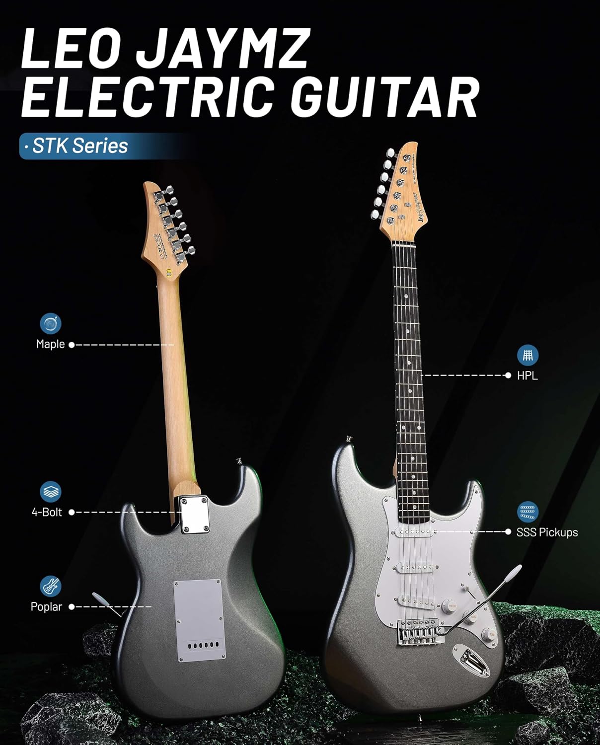 Leo Jaymz Beginner Electric Guitar Complete Kit with Portable Amp, Padded Gig Bag & Full Accessories, Maple Neck SSS Pickups (Gray)