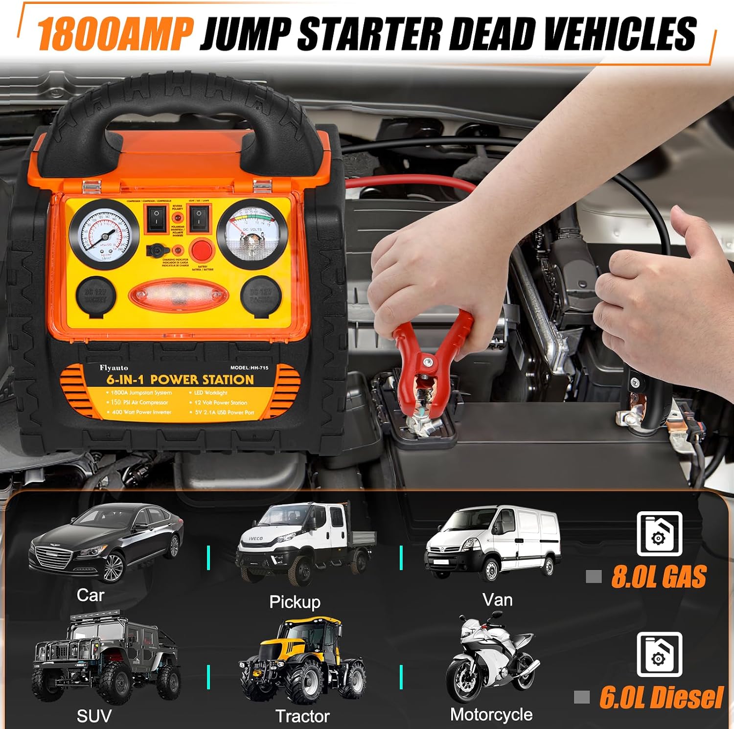 1800A Car Jump Starter with Air Compressor 150PSI,12V Portable Battery Jump Box (8.0L Gas/6L Diesel), Battery Booster with 400W Power Station AC/DC/USB