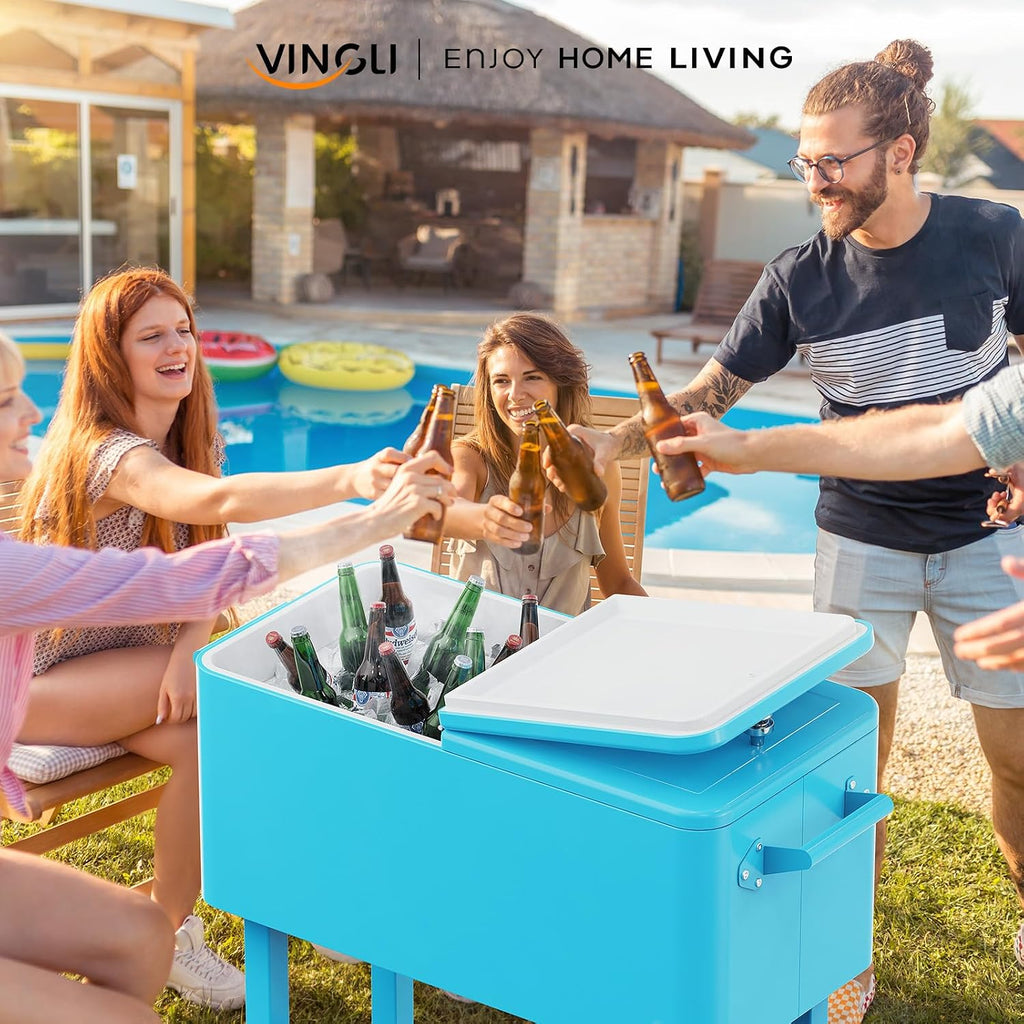 VINGLI Rolling Ice Chest, Portable Patio Party Bar Drink Cooler Cart, with Shelf, Beverage Pool with Bottle Opener
