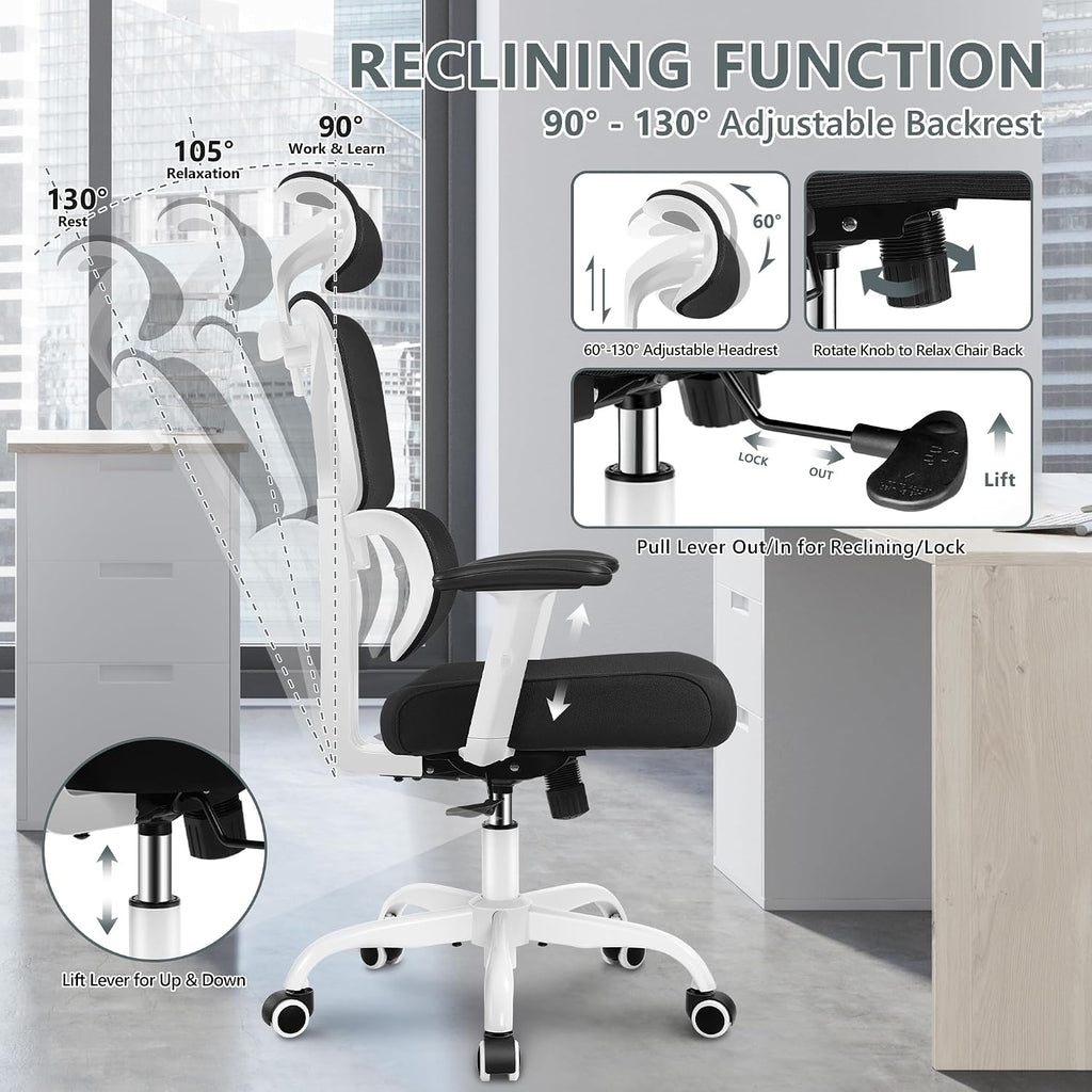 Winrise Office & Gaming Chair, High Back Ergonomic Reclining Desk Chair, Big & Tall, Comfy Home Office, Breathable Mesh, Adjustable Armrests (White)