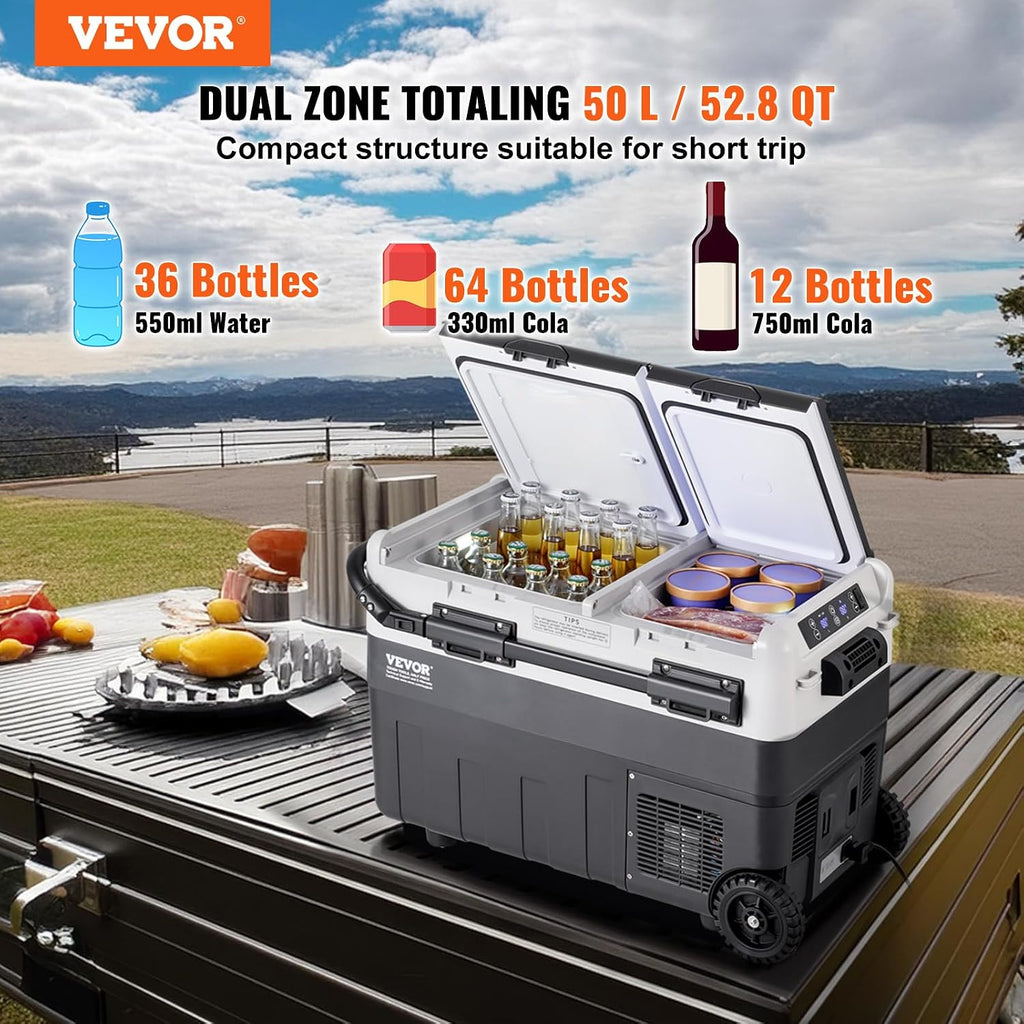 VEVOR Car Refrigerator 50L / 52.8 QT, Dual Zone 12 Volt Compressor Fridge, -4℉ to 68℉ Adjustable, Portable Freezer Cooler for Car, RV, Camping, Home