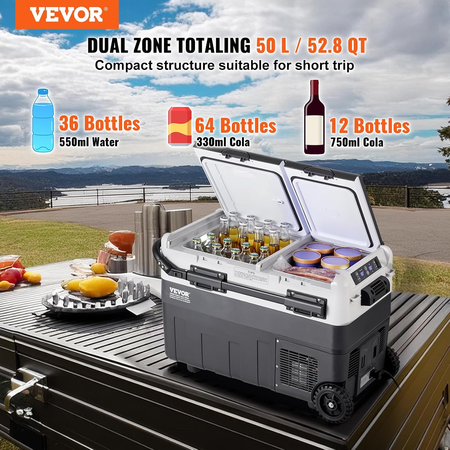 VEVOR Car Refrigerator 50L / 52.8 QT, Dual Zone 12 Volt Compressor Fridge, -4℉ to 68℉ Adjustable, Portable Freezer Cooler for Car, RV, Camping, Home