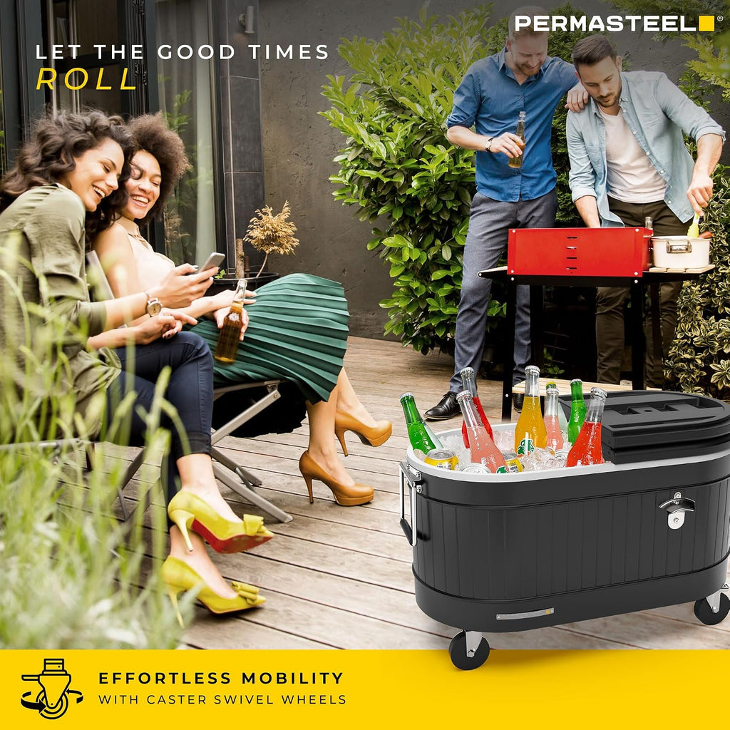 Permasteel Rolling Patio Cooler – Large Outdoor Ice Chest with Wheels, Beverage Cooler for Backyard, BBQ, Tailgate, Beach, Parties, Rustic Farmhouse Design