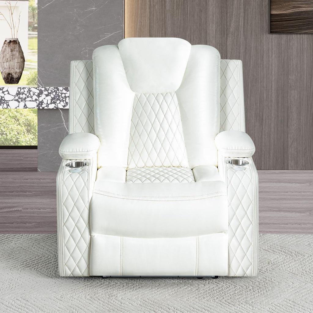 Naomi Home Chicago Power Recliner Chair with LED Lights, USB Charging Port, Adjustable Headrest, Cup Holders & Detachable Tray Tables, Faux Leather Home Theater Seating Recliner - White