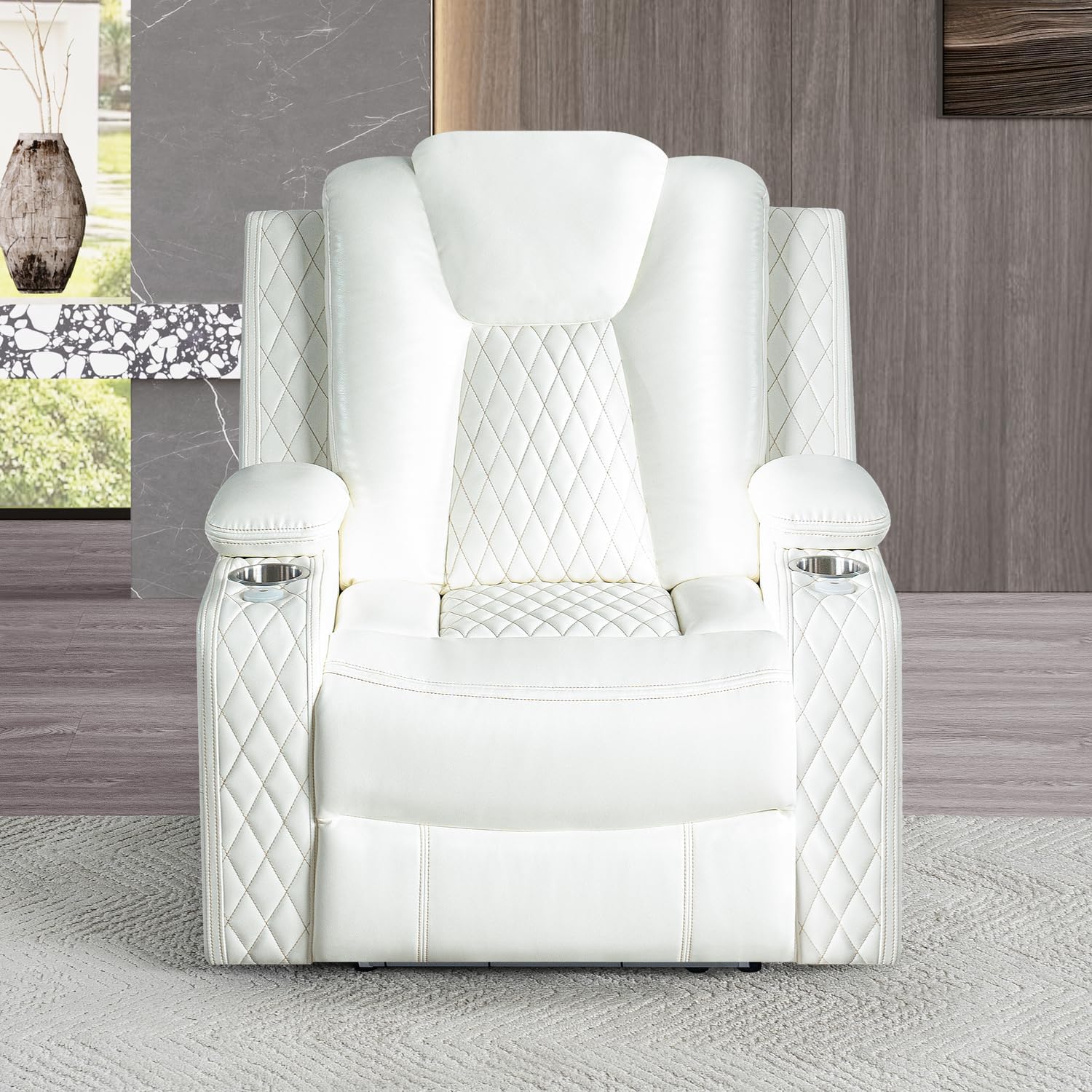 Naomi Home Chicago Power Recliner Chair with LED Lights, USB Charging Port, Adjustable Headrest, Cup Holders & Detachable Tray Tables, Faux Leather Home Theater Seating Recliner - White