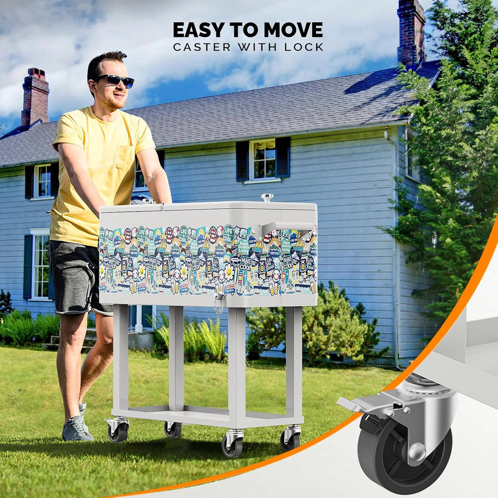 VINGLI Rolling Ice Chest, Portable Patio Party Bar Drink Cooler Cart, with Shelf, Beverage Pool with Bottle Opener