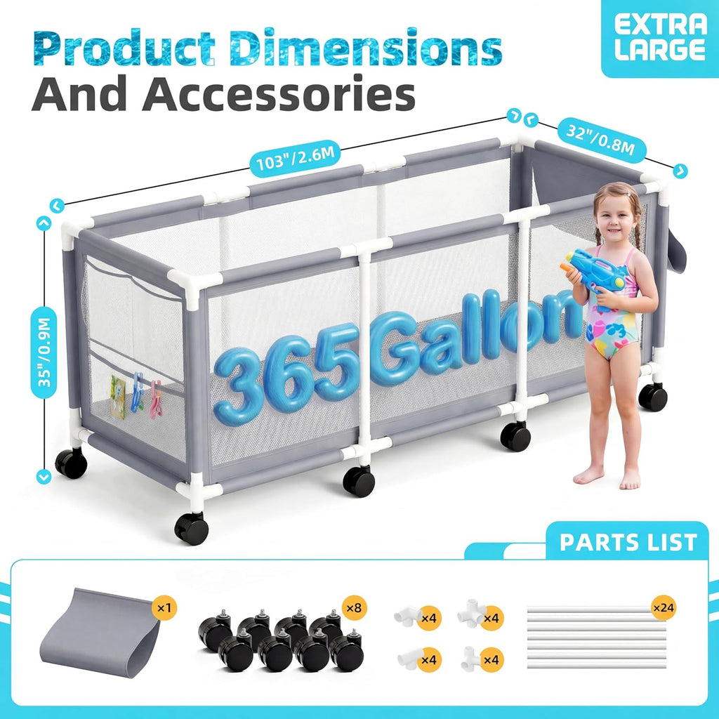 Jotesnew 365 Gallon 103' L Extra Large Swimming Pool Storage Bin, Pool Noodles Holder, Toys, Floats, Balls and Floats Equipment Mesh Rolling Storage Organizer Bin, 103' Lx32 Wx35 H (Gray)