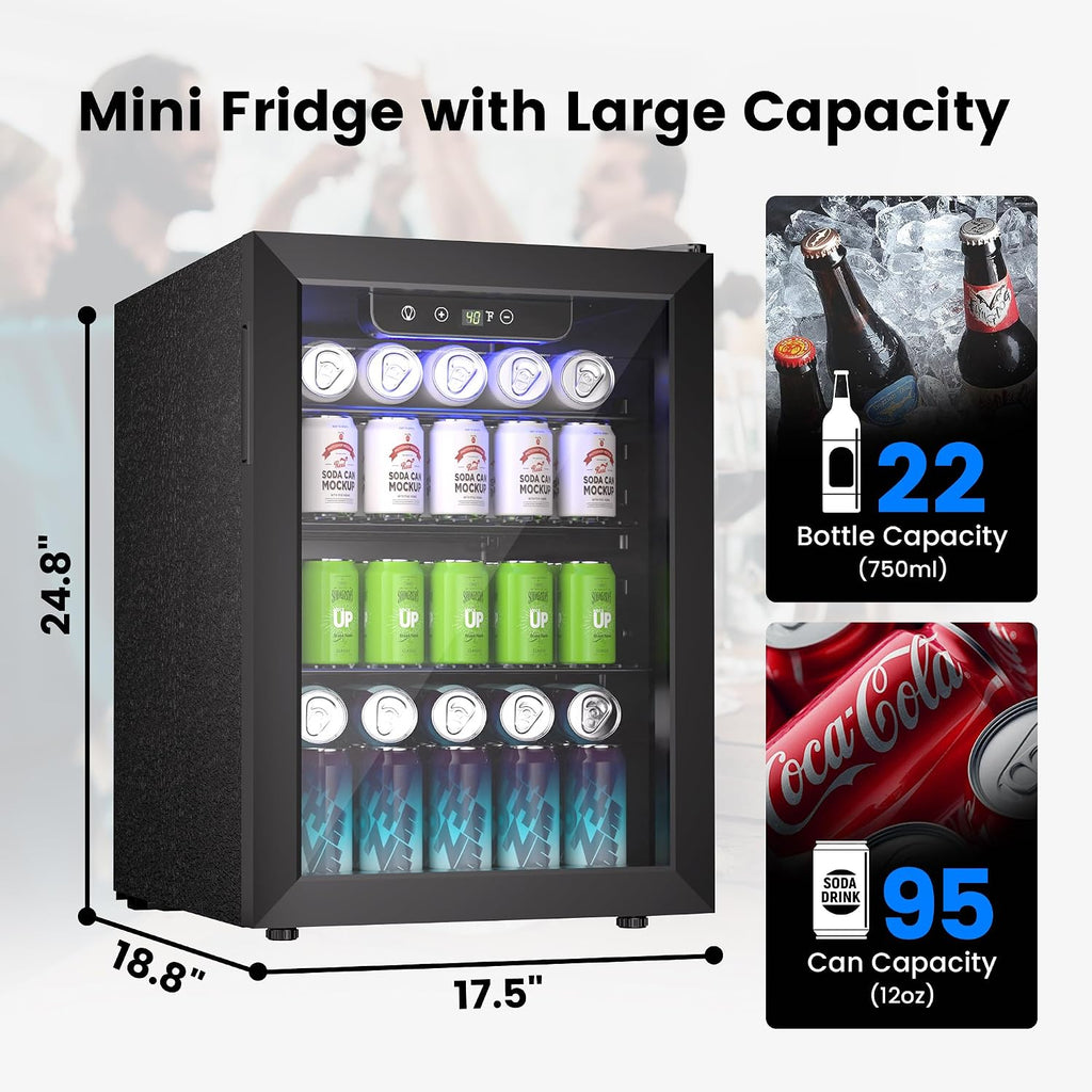 Feelfunn Wine Cooler, 26 Bottle 95 Can Mini Wine Fridge with Clear Glass Door for Beer Soda Water Drink, Small Wine Cellar Beverage Refrigerator for Bedroom Office Home Bar Dorm, 2.6 Cu.Ft