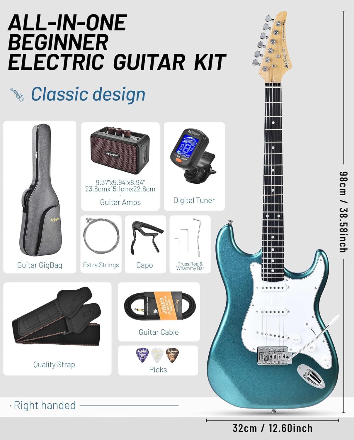 Leo Jaymz Beginner Electric Guitar Complete Kit with Portable Amp, Padded Gig Bag & Full Accessories, Maple Neck SSS Pickups(Teal)