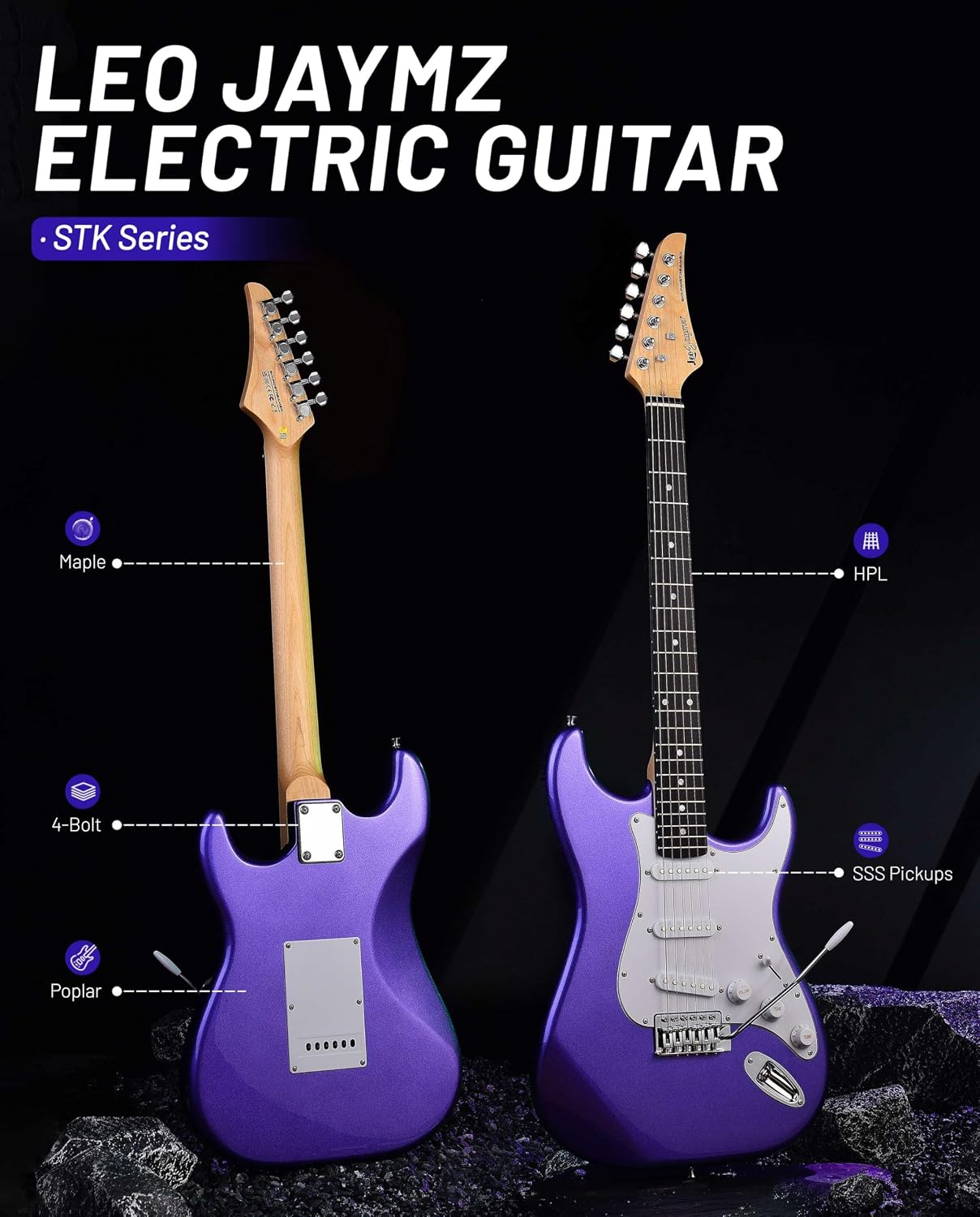 Leo Jaymz Beginner Electric Guitar Complete Kit with Portable Amp, Padded Gig Bag & Full Accessories, Maple Neck SSS Pickups(Purple)