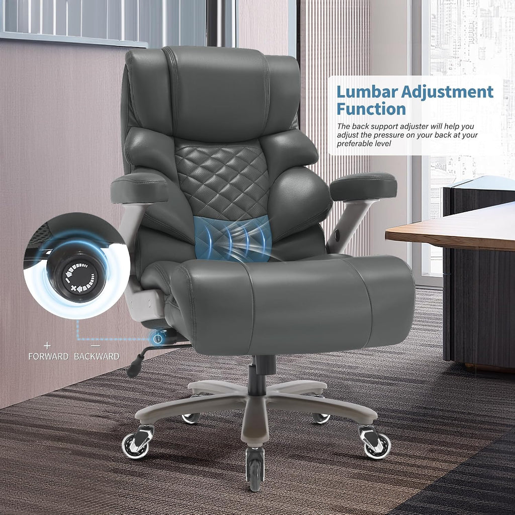 VUZI 700lbs Big and Tall Office Chair-Large Computer Chair with Adjustable Lumbar Support 3D Flip Arms Plus Size Wheels, High Back Executive Desk Chair, Heavy Duty Metal Base, Thick Padded Wide Seat