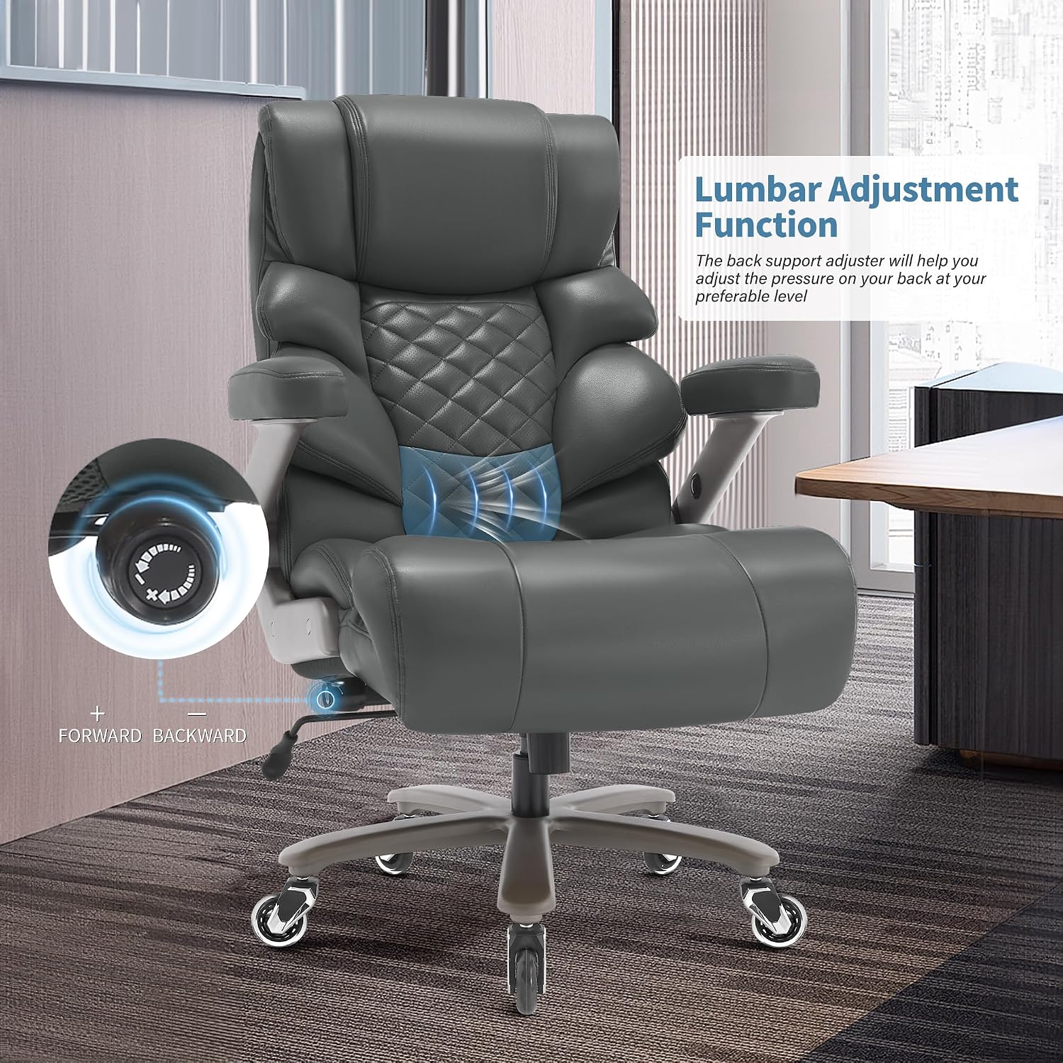 VUZI 700lbs Big and Tall Office Chair-Large Computer Chair with Adjustable Lumbar Support 3D Flip Arms Plus Size Wheels, High Back Executive Desk Chair, Heavy Duty Metal Base, Thick Padded Wide Seat