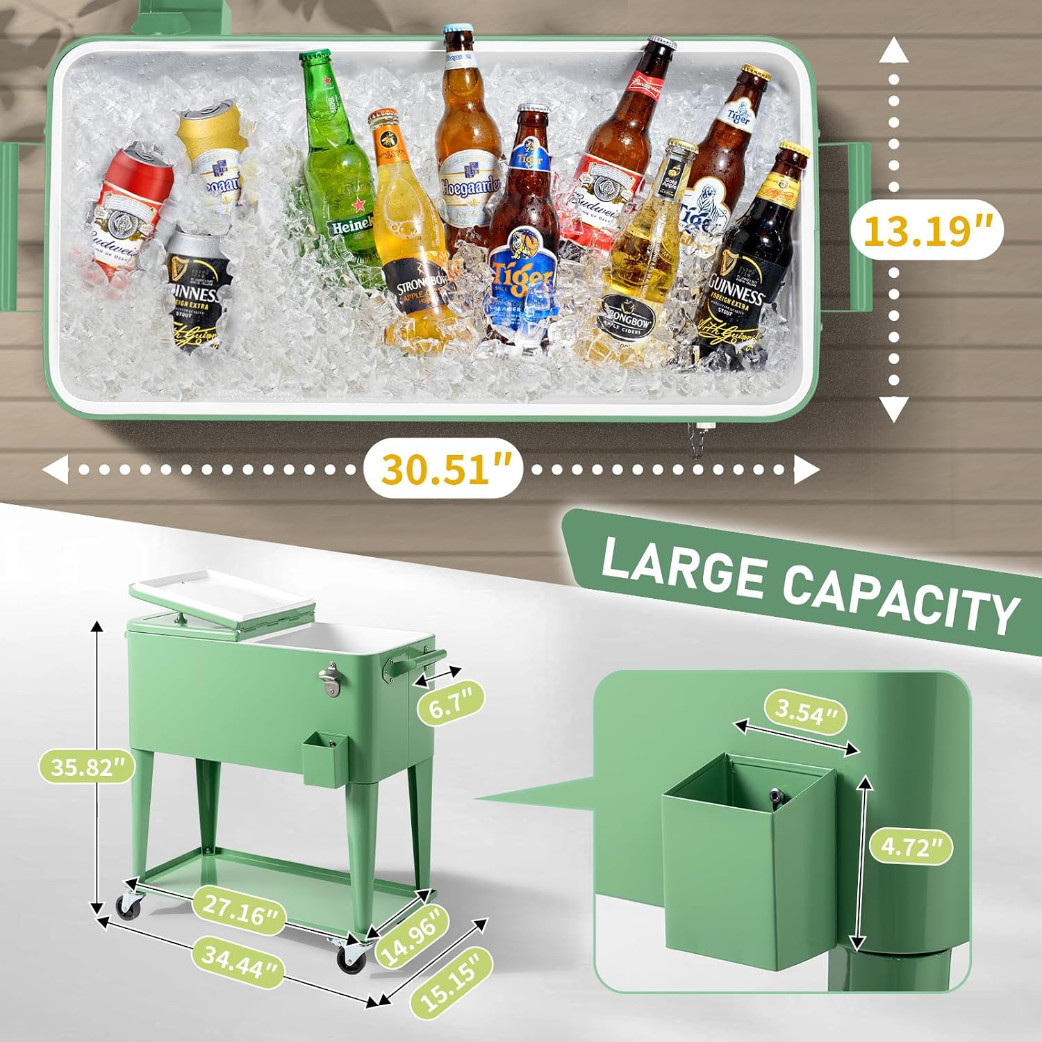 Outvita 80 Quart Rolling Ice Chest, Portable Bar Drink Cooler with Catch Basin, Bottom Storage Tray and Bottle Opener for Patio Party BBQ Beach Activities