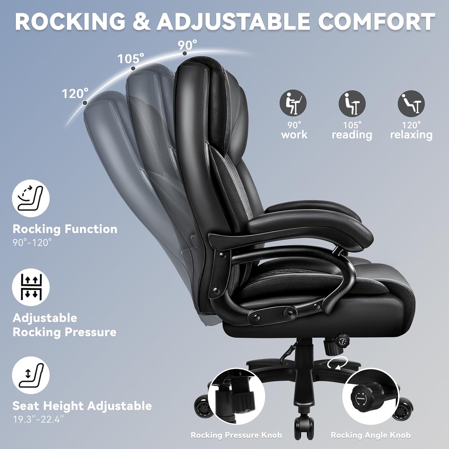 Big and Tall Office Chair 500lbs, Heavy Duty Executive Office Leather Chair for Heavy People, High Back Ergonomic Office Chair with Lumbar Support & Quiet Rubber Wheels, Extra Padded Seat, Black