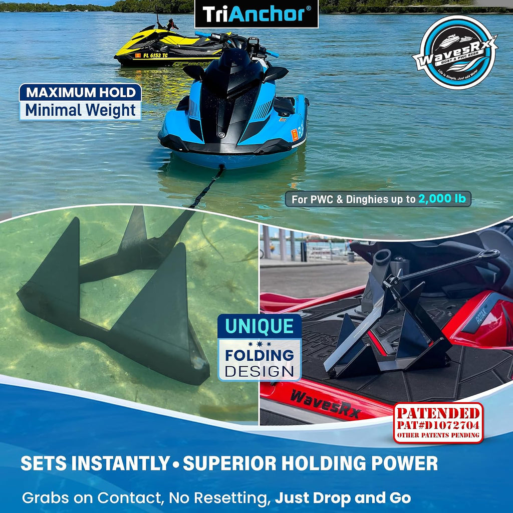 WAVESRX TriAnchor - Stainless Steel Folding PWC & Boat Anchor | Sets Instantly for Effortless Boat & Jet Ski Anchoring | Compact Patent-Pending Design Grips Better Than Plow, Fluke or Box Anchor