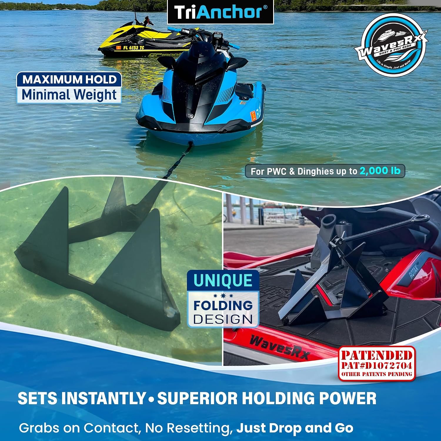 WAVESRX TriAnchor - Stainless Steel Folding PWC & Boat Anchor | Sets Instantly for Effortless Boat & Jet Ski Anchoring | Compact Patent-Pending Design Grips Better Than Plow, Fluke or Box Anchor