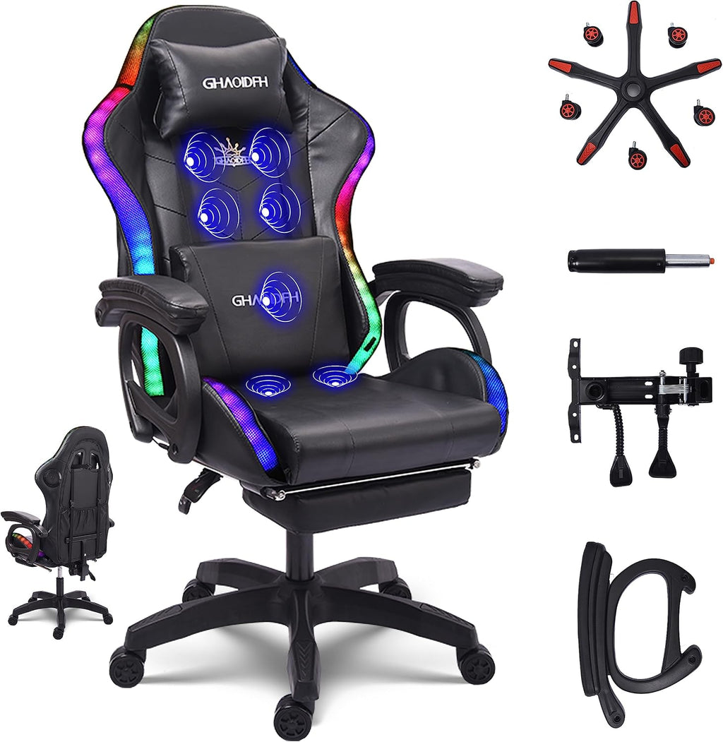 Gaming Chair with LED Lights and Speakers, Ergonomic Gaming Chair with Massage and Footrest,Comfortable Computer Reclining with Headrest and Lumbar Support,Video Game Chair for Adults Kids.,B