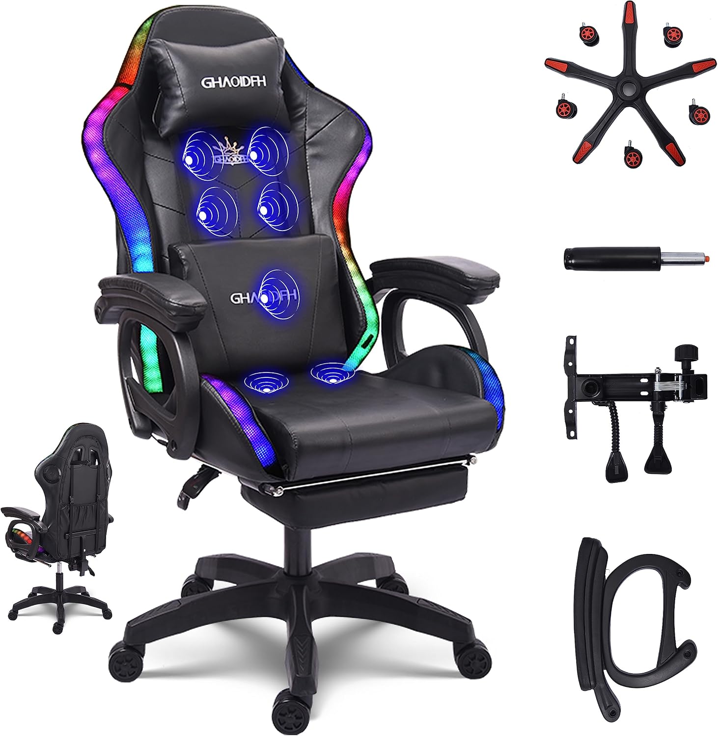 Gaming Chair with LED Lights and Speakers, Ergonomic Gaming Chair with Massage and Footrest,Comfortable Computer Reclining with Headrest and Lumbar Support,Video Game Chair for Adults Kids.,B