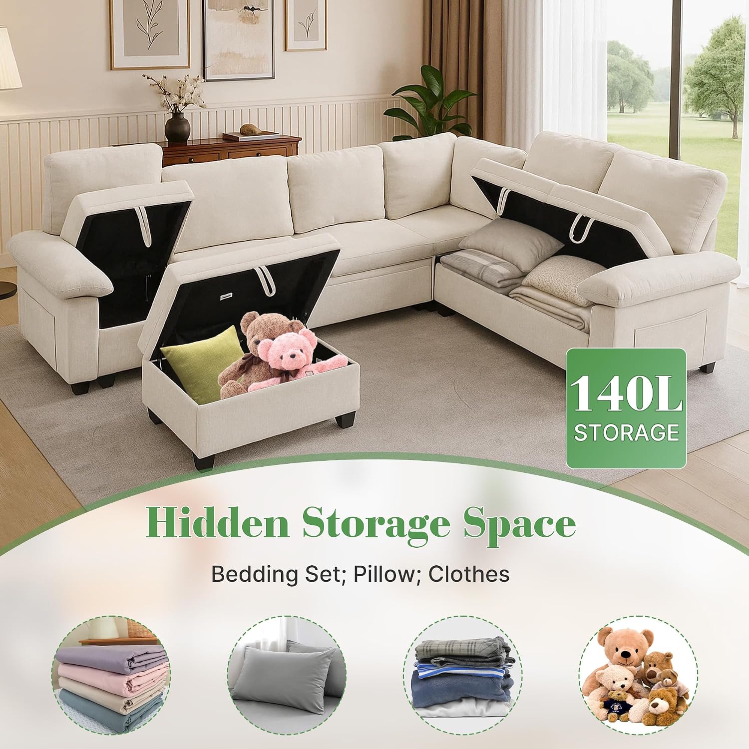 Modular Sectional Sofa with Pull Out Bed Sleeper Sofa L Shaped with Storage, Sectional Couch for Living Room Convertible Sofa Bed with Removable Sofa Cover(7 Seats Beige)