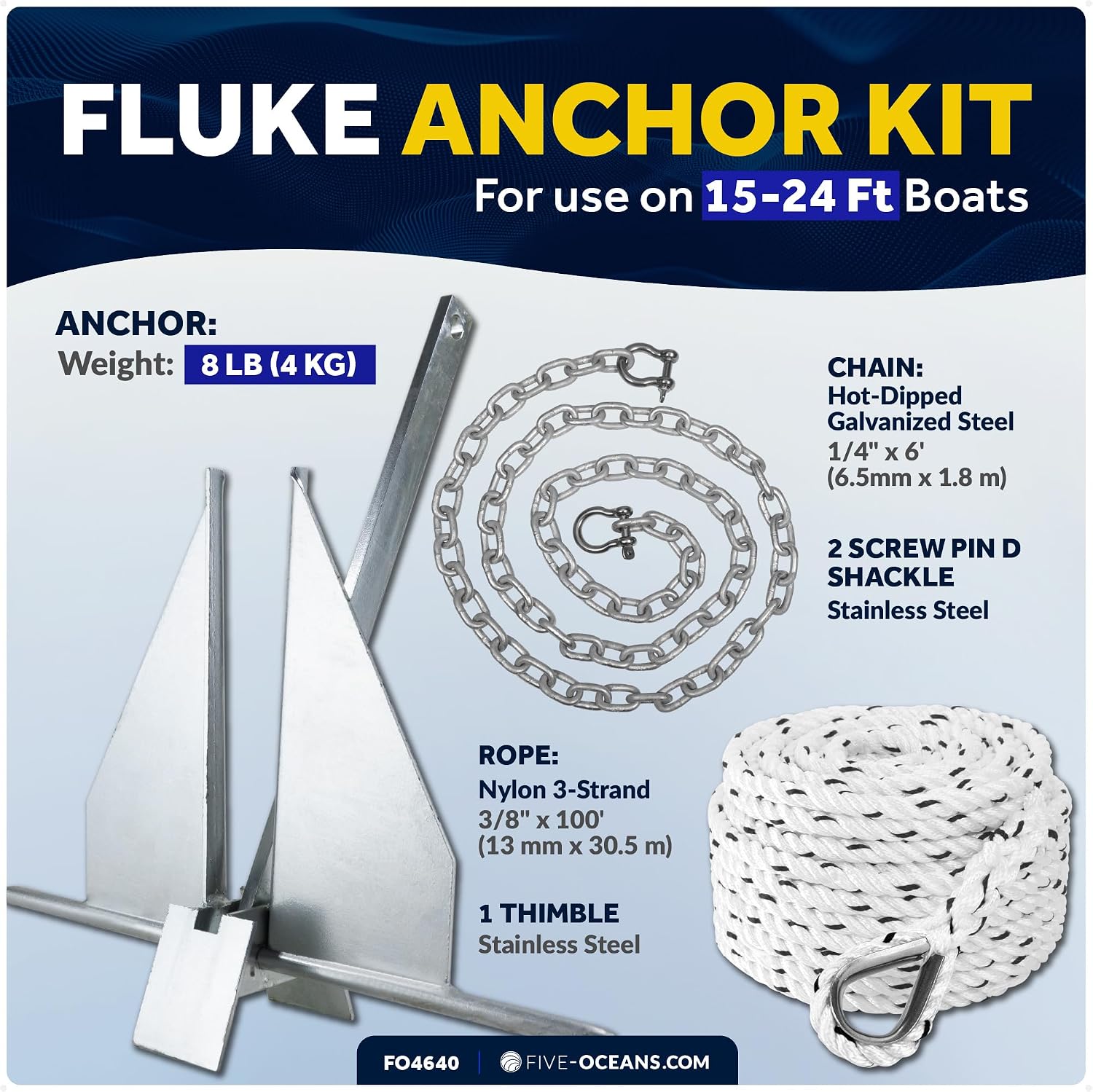 Five Oceans Fluke Boat Anchor, Heavy Duty Hot Dipped Galvanized Steel, Multiple Sizes – Ideal for Pontoon, Dinghies, Boats