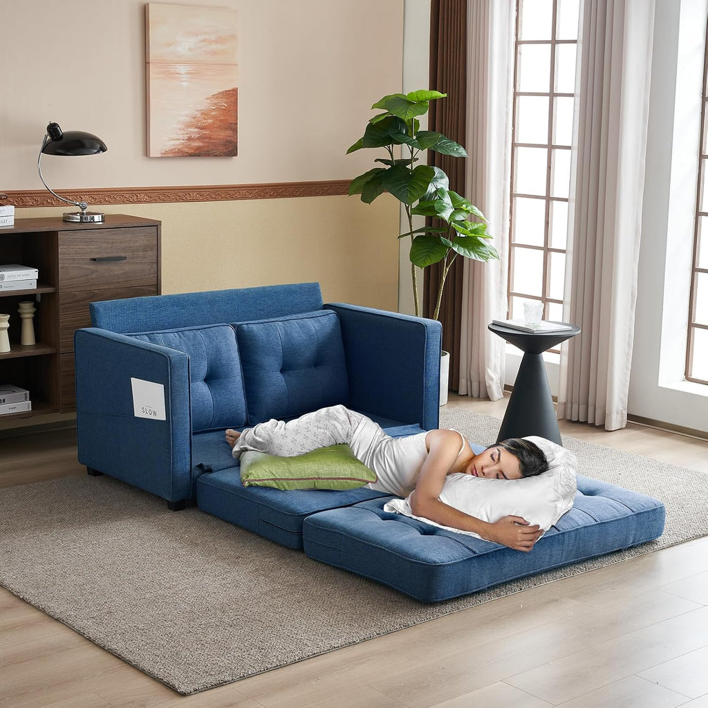 VINGLI Upgraded Loveseat Sleeper, 53.5' W 80' L Convertible Sofa Bed Couch Futon Couches for Living Room, Folding Couch Bed for Small Spaces, Foldable Floor Gaming Sofa Bed for Basement, Navy Blue