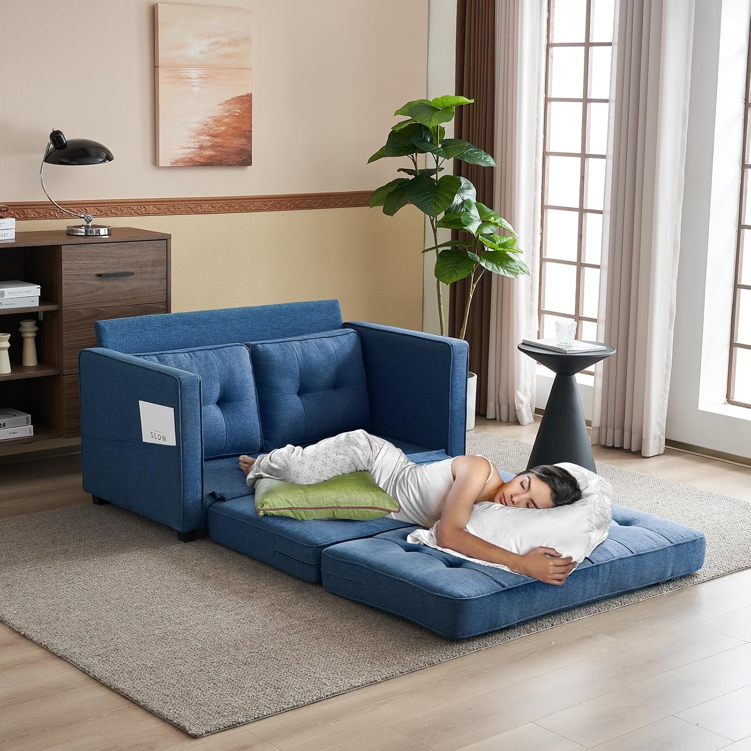 VINGLI Upgraded Loveseat Sleeper, 53.5' W 80' L Convertible Sofa Bed Couch Futon Couches for Living Room, Folding Couch Bed for Small Spaces, Foldable Floor Gaming Sofa Bed for Basement, Navy Blue