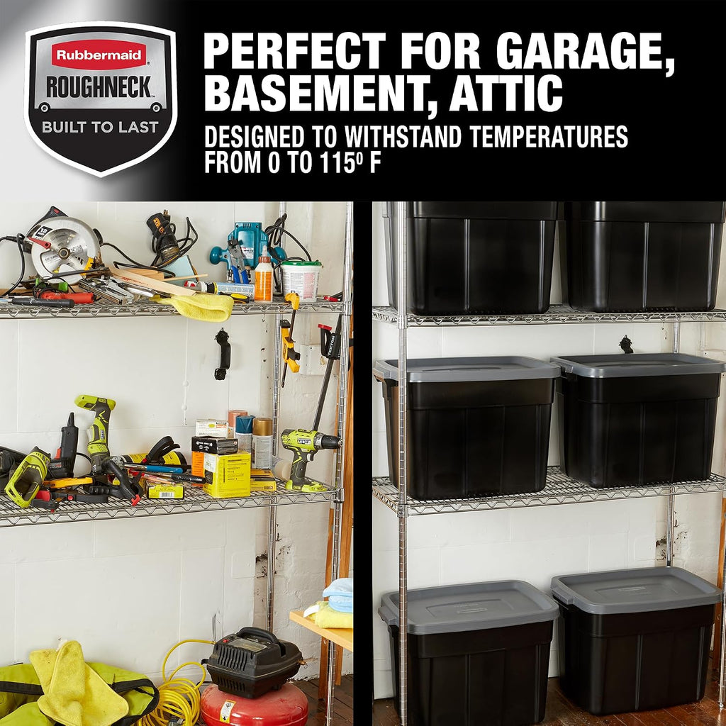 Rubbermaid 18 GAL 6 Pack Garage Storage Bins with Stackable Lid, Heavy Duty - Made in USA - Extreme Temperature Resistant, Durable Plastic Containers with Handles - Solid Black and Grey